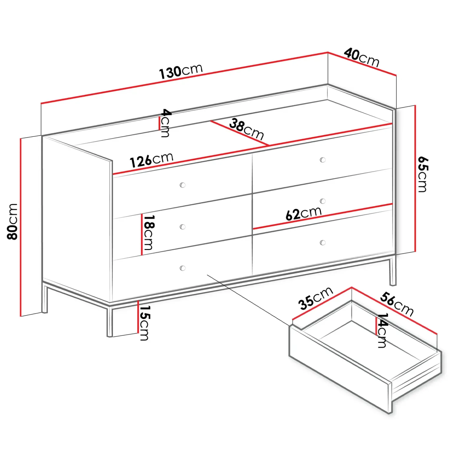 Cassettiera 130x80h cm design moderno 6 cassetti bianco Pollon