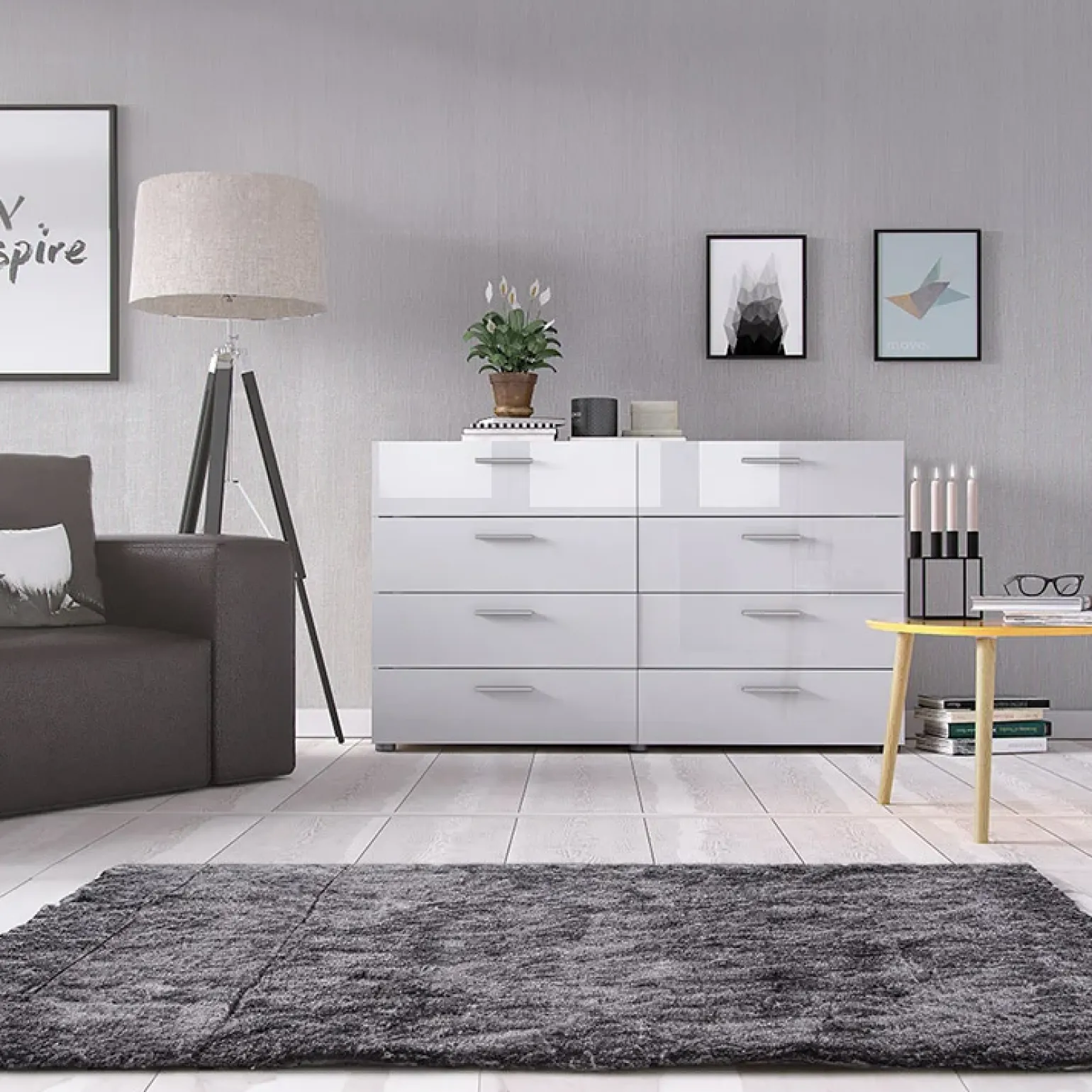 Cassettiera 138x83h cm moderna bianco lucido rovere Betty Gihome®