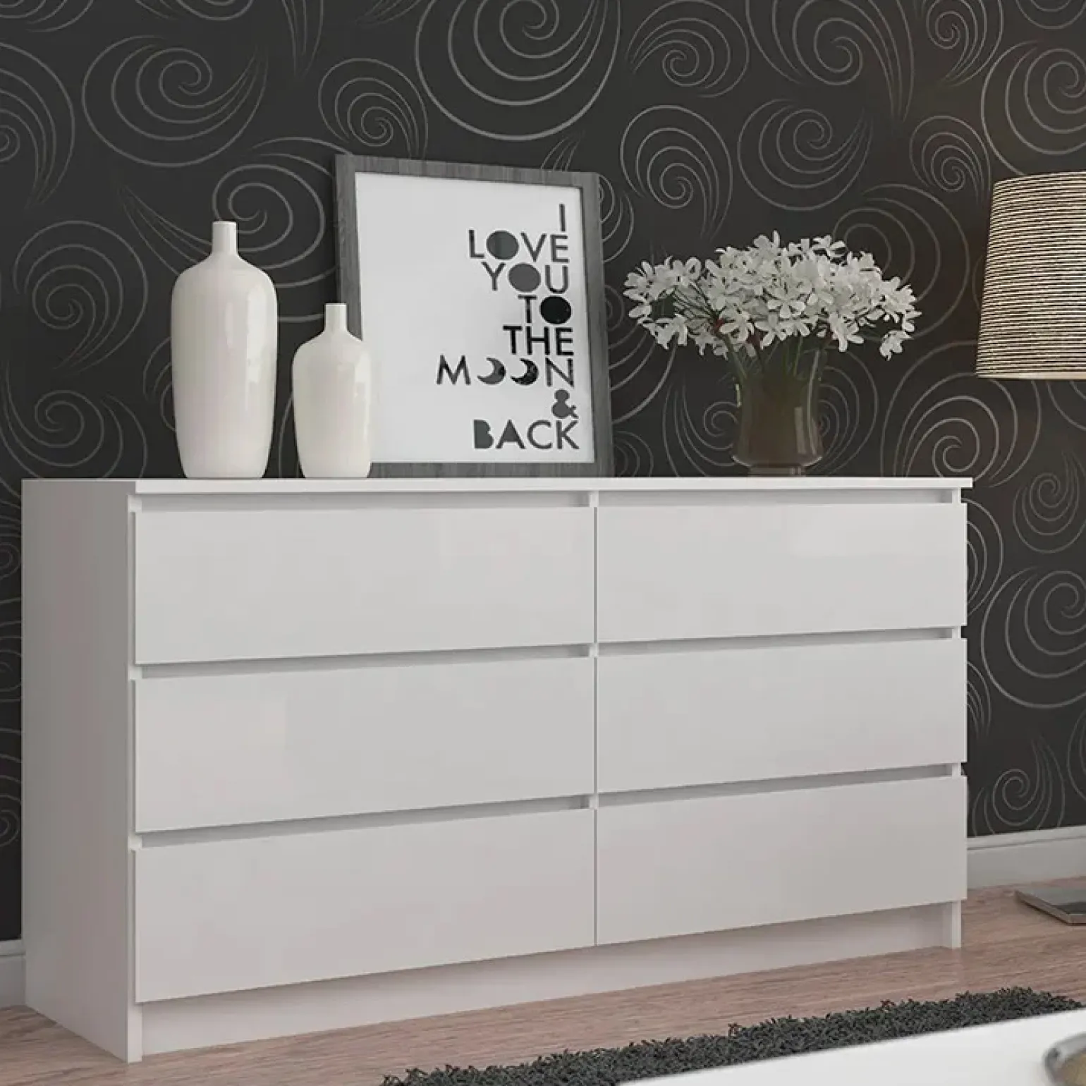 Cassettiera 160x77h cm moderna 6 cassetti bianco Living