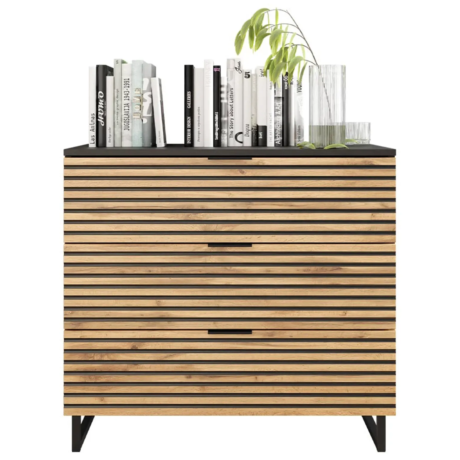 Cassettiera 80x76h cm rustica design cannettato rovere nero List