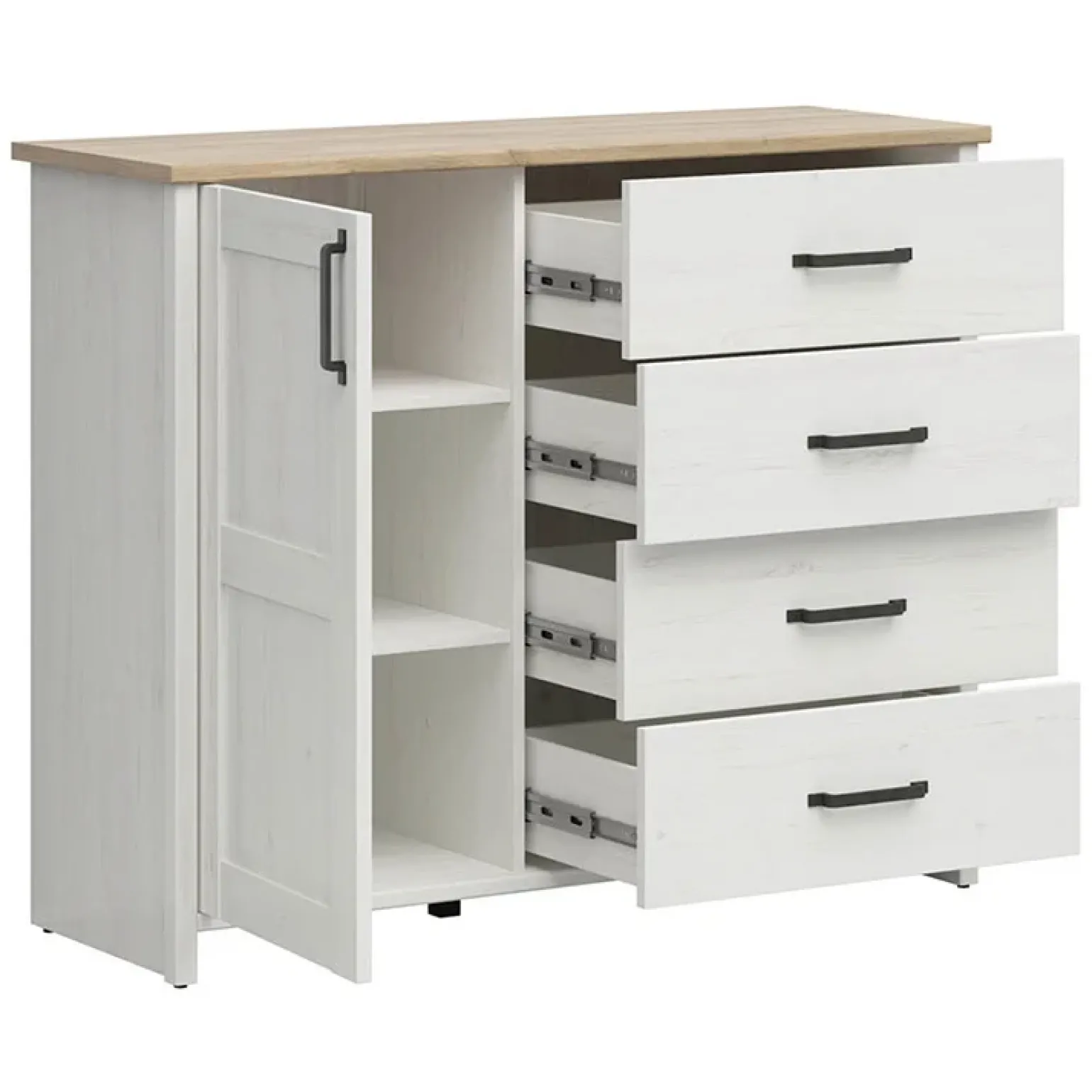 Cassettiera 120x99h cm scandinava 4 cassetti 1 anta bianco frassinato rovere Lars