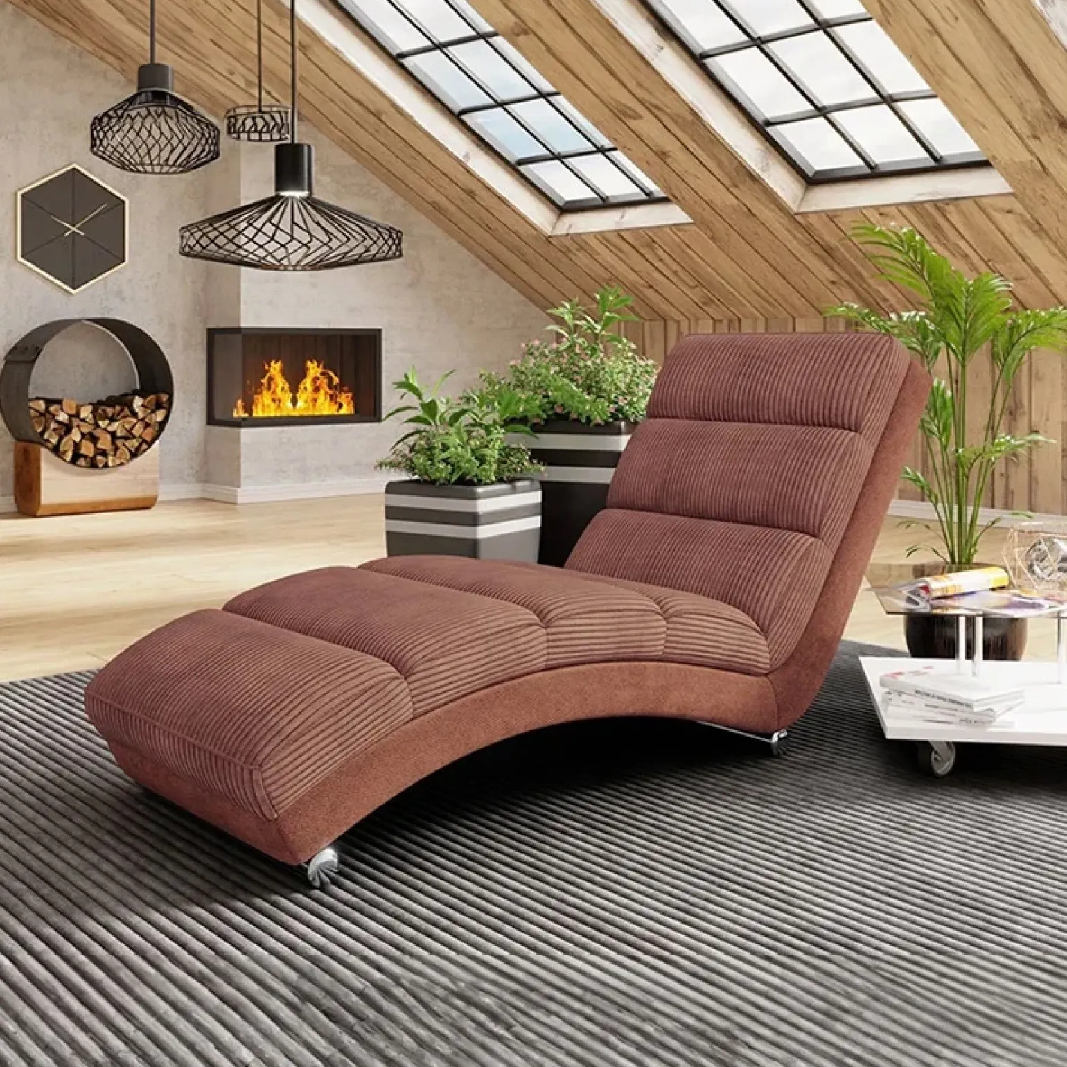 Chaise longue imbottita in velluto a coste 180cm rosa Marty