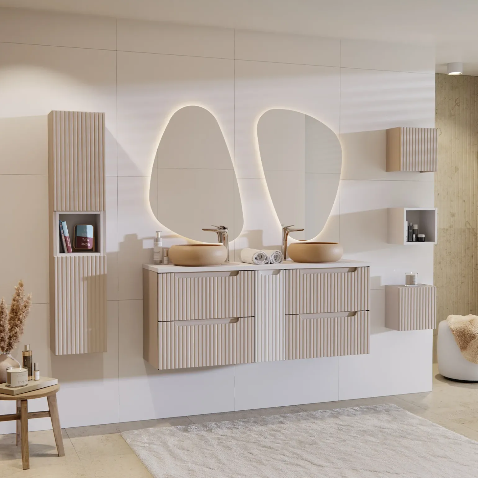 Colonna bagno sospesa 30x140h cm cannettato 2 ante beige Cleany