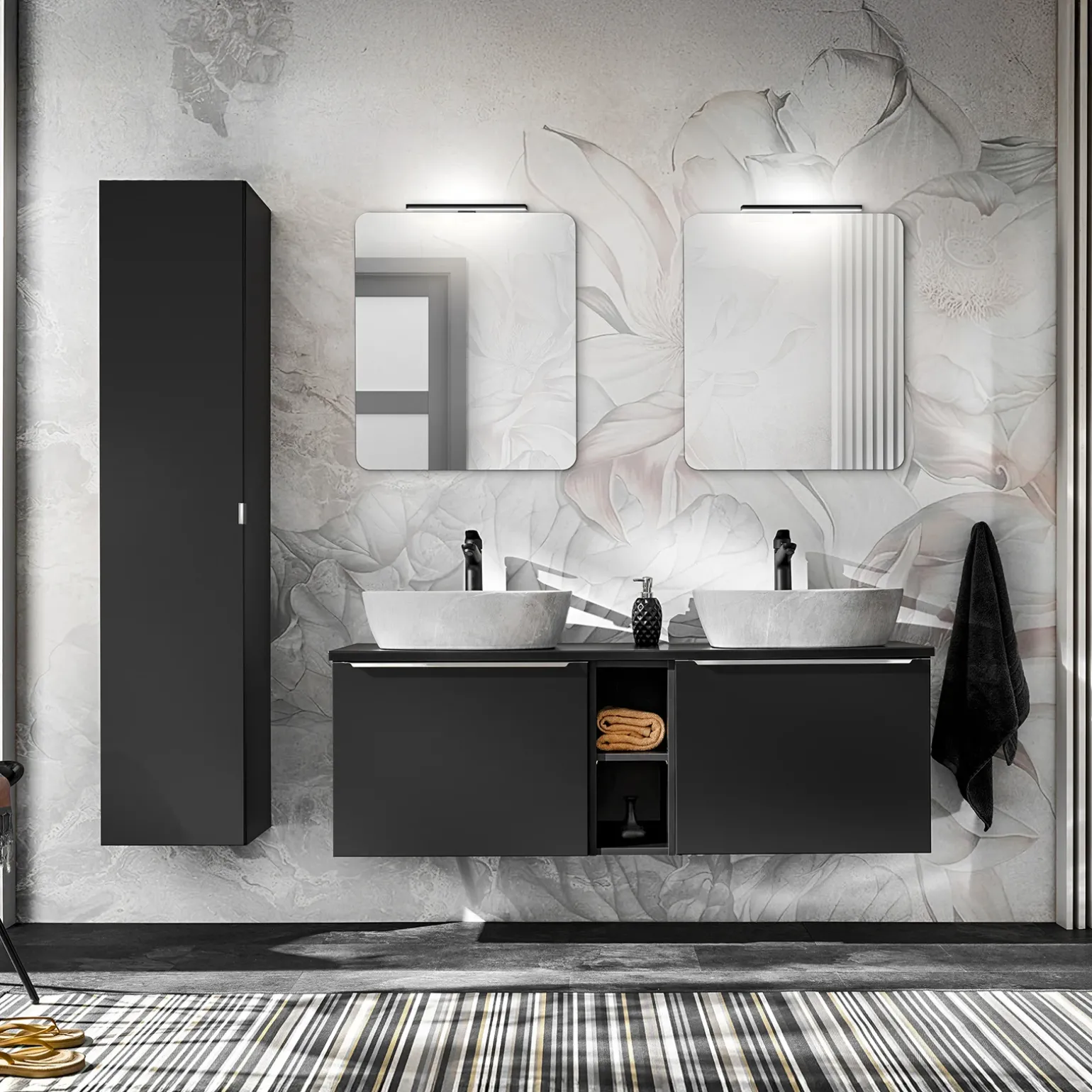 Colonna bagno sospesa 35x160h cm 1 anta 2 cassetti nero Serif