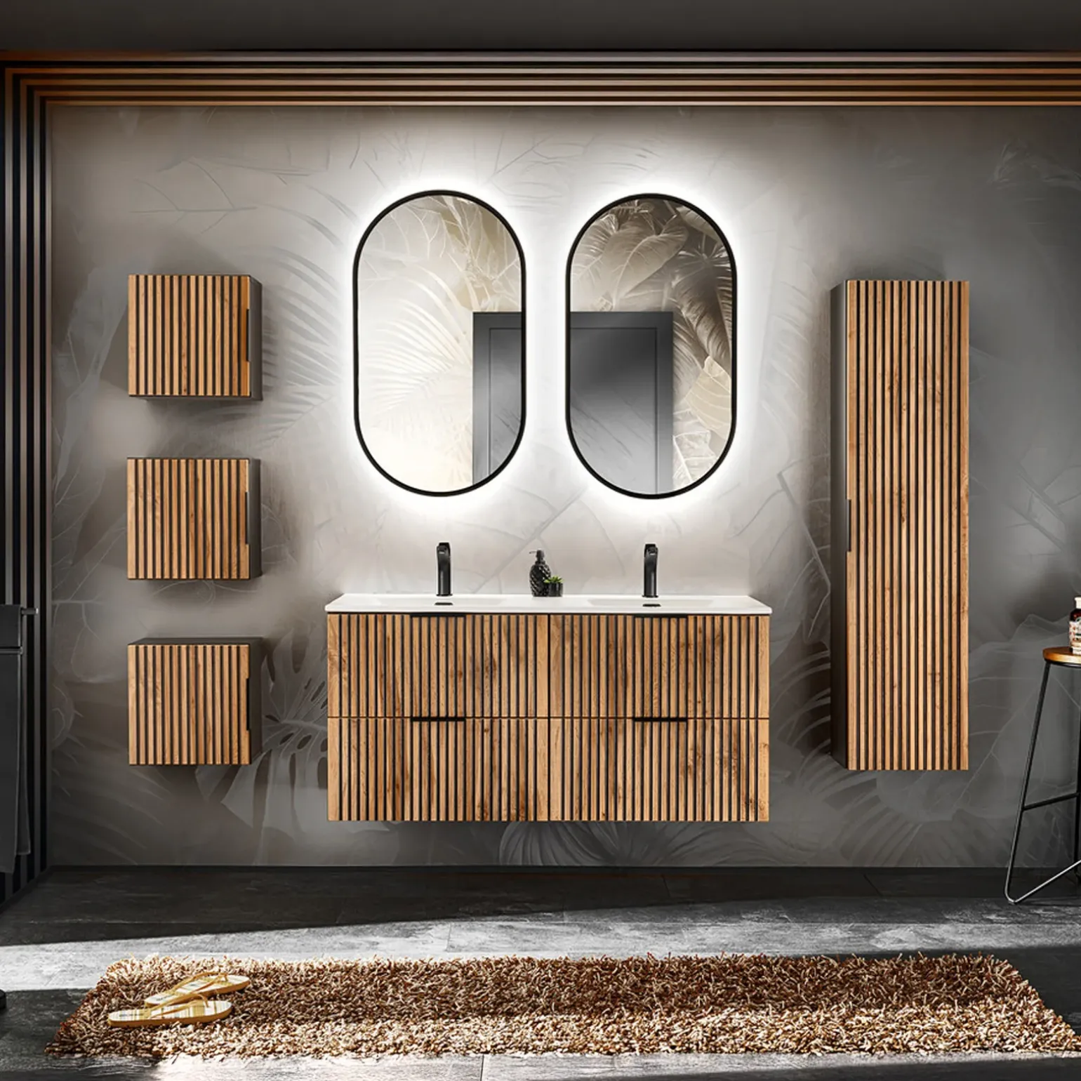 Colonna bagno sospesa 35x140h cm cannettato 1 anta quercia antracite Limpid
