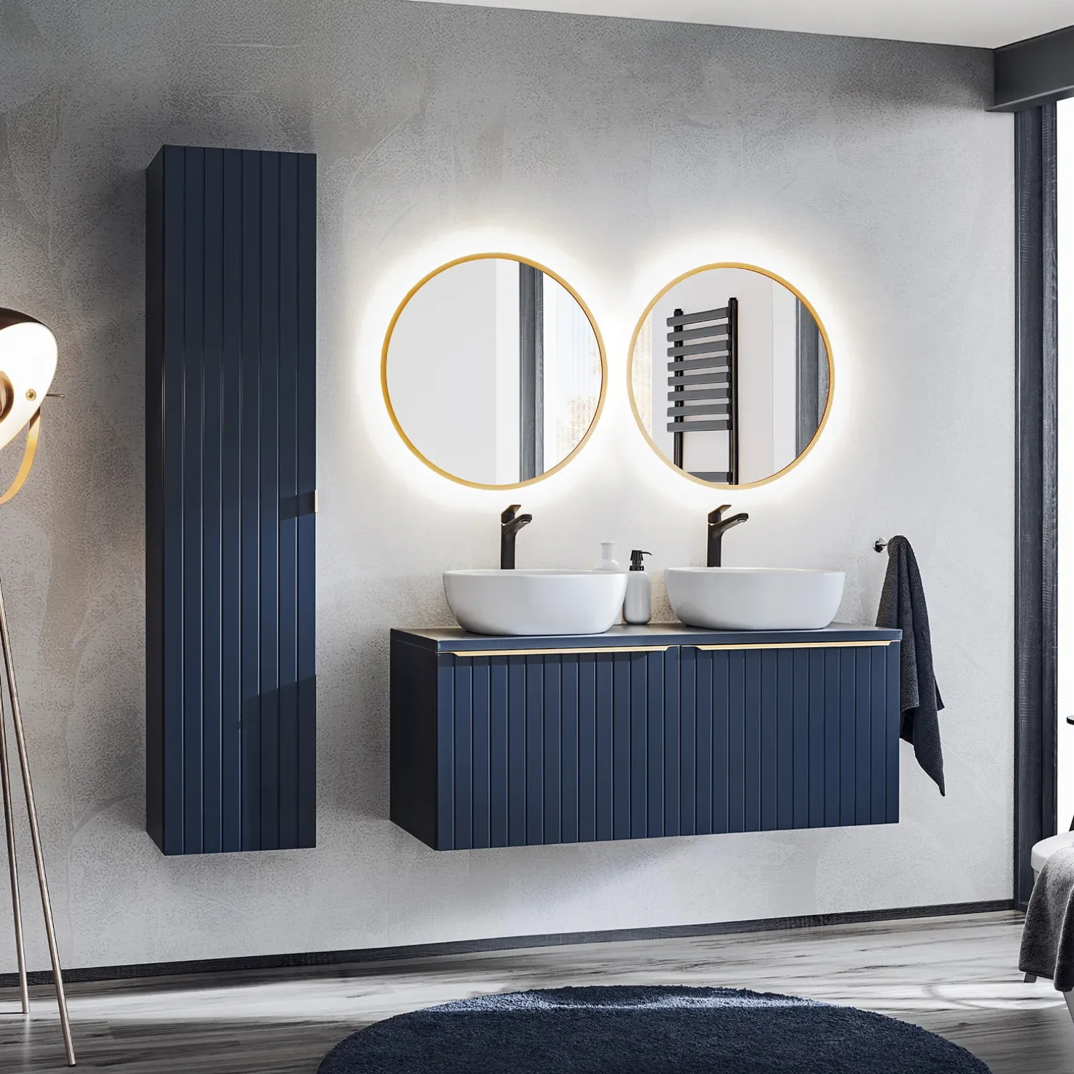 Colonna bagno sospesa 35x160h cm 1 anta 2 cassetti cannettato blu Deep