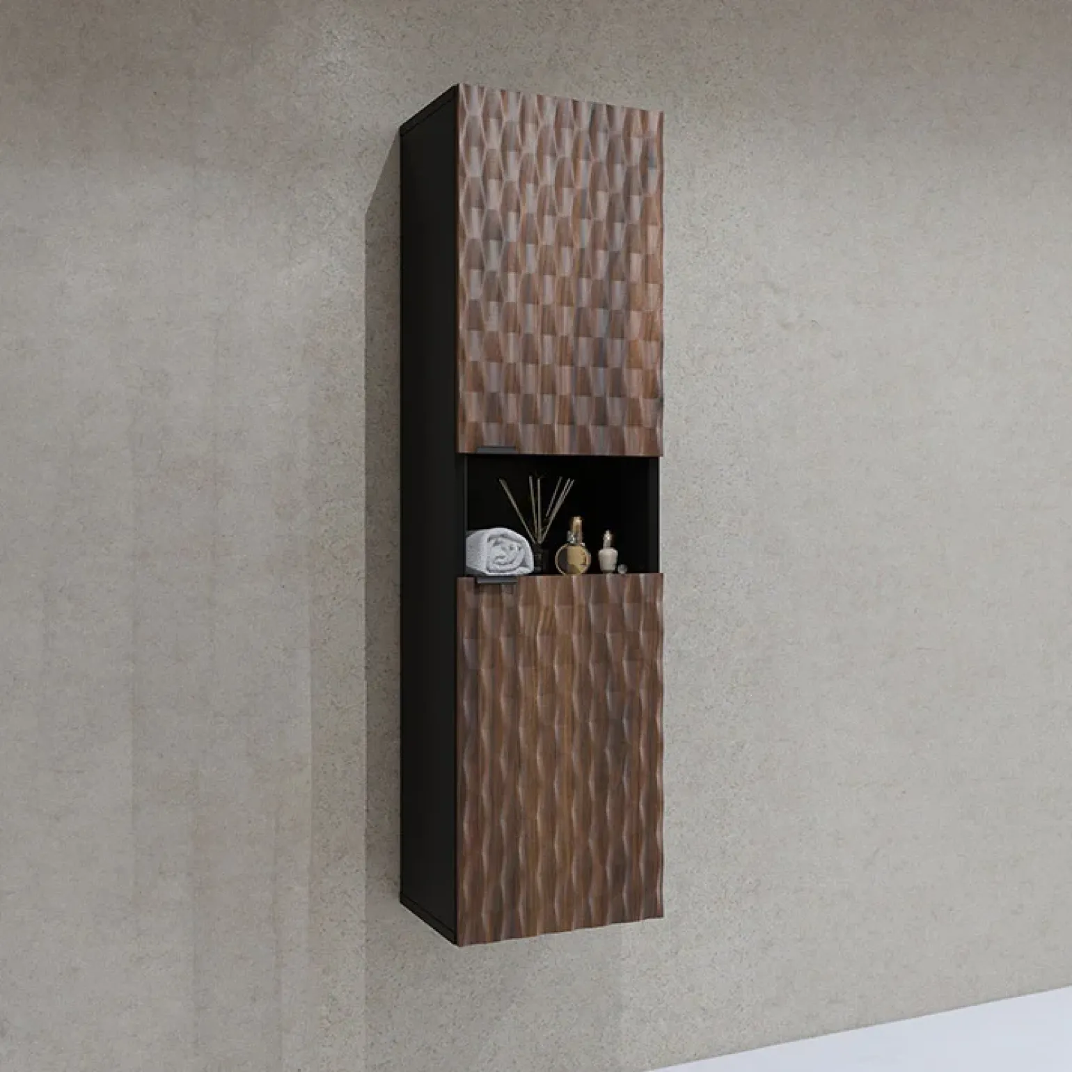 Colonna bagno 34x133h cm 2 ante 1 vano a giorno nero ante noce decorate Silvy