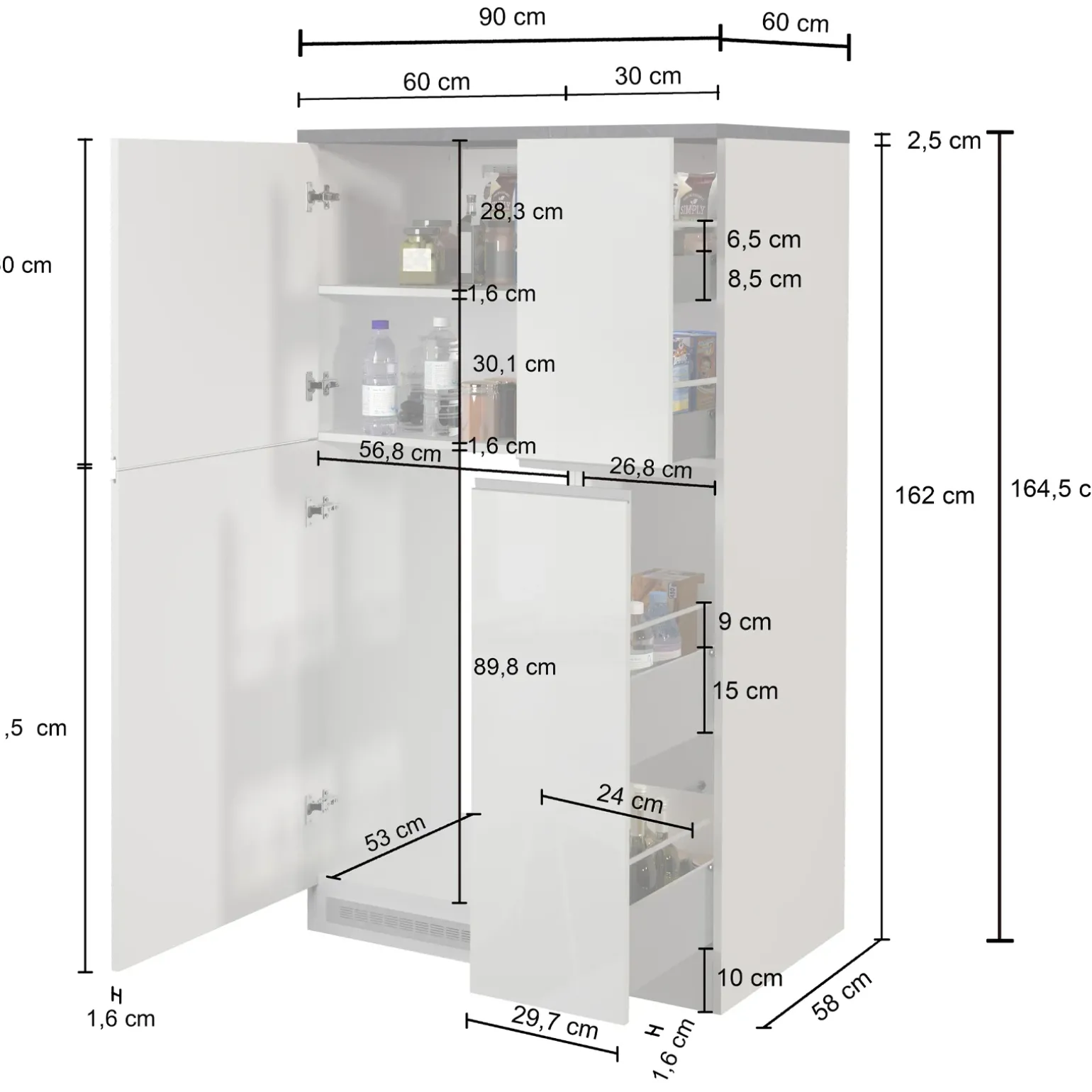 Colonna frigo dispensa cucina 90x165h cm moderna bianco rovere Gourmet