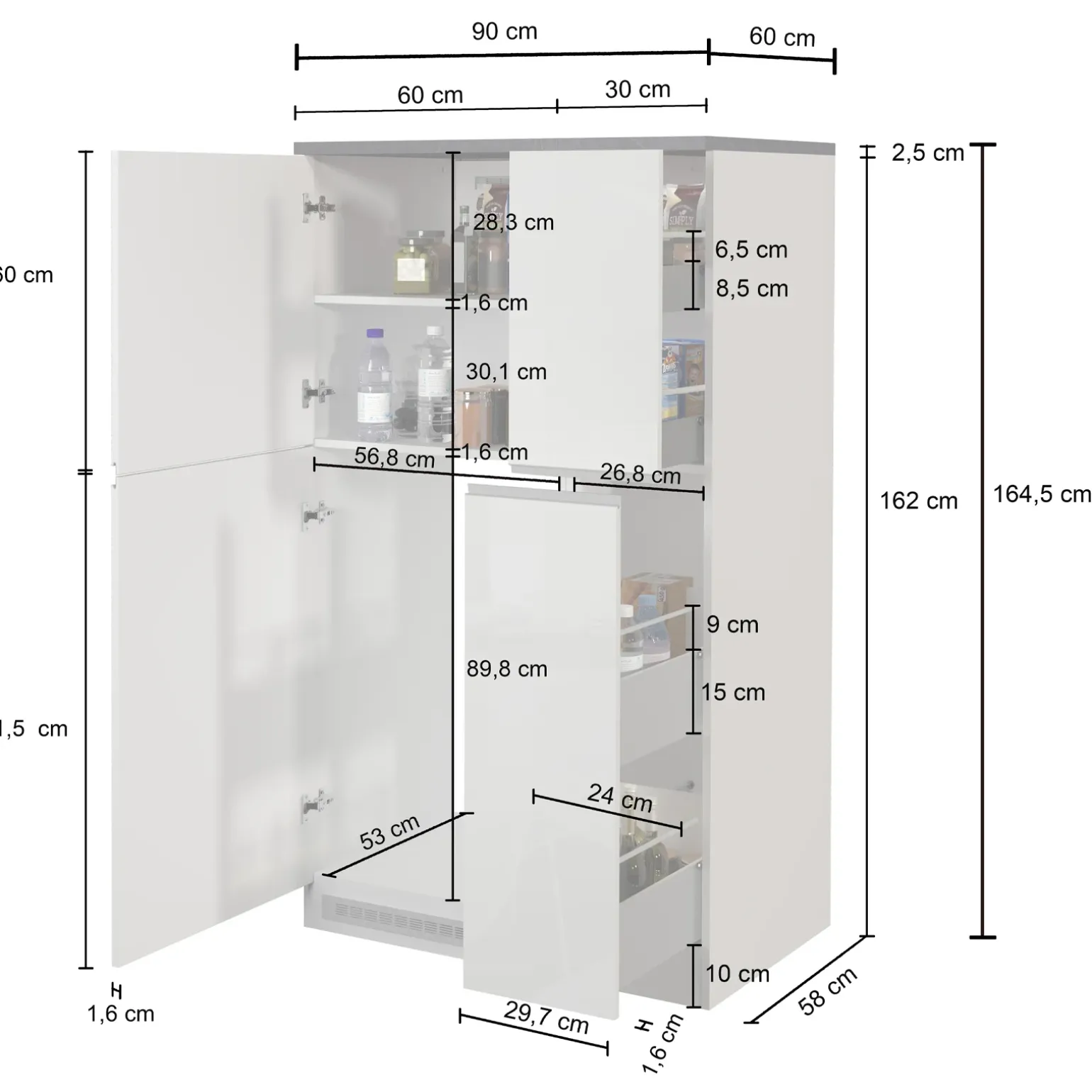 Colonna frigo dispensa cucina 90x165h cm moderna bianco grigio pietra Gourmet