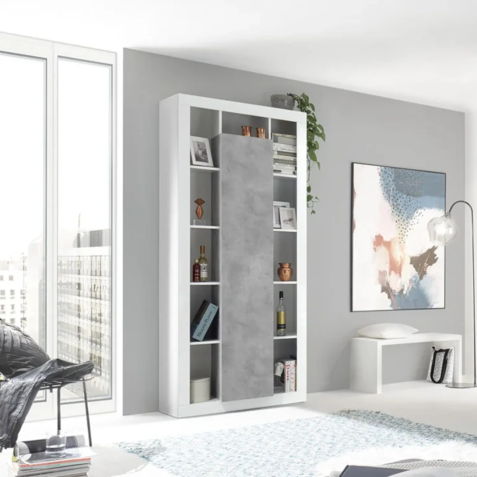 Colonna libreria 95x217h cm 1 anta bianco cemento Trilogy