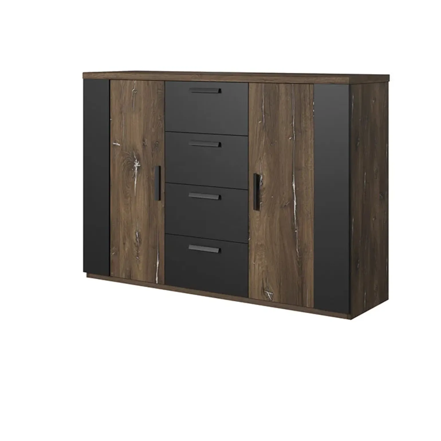 Comò moderno 132x94h cm con 4 cassetti e 2 ante rovere scuro nero Edric