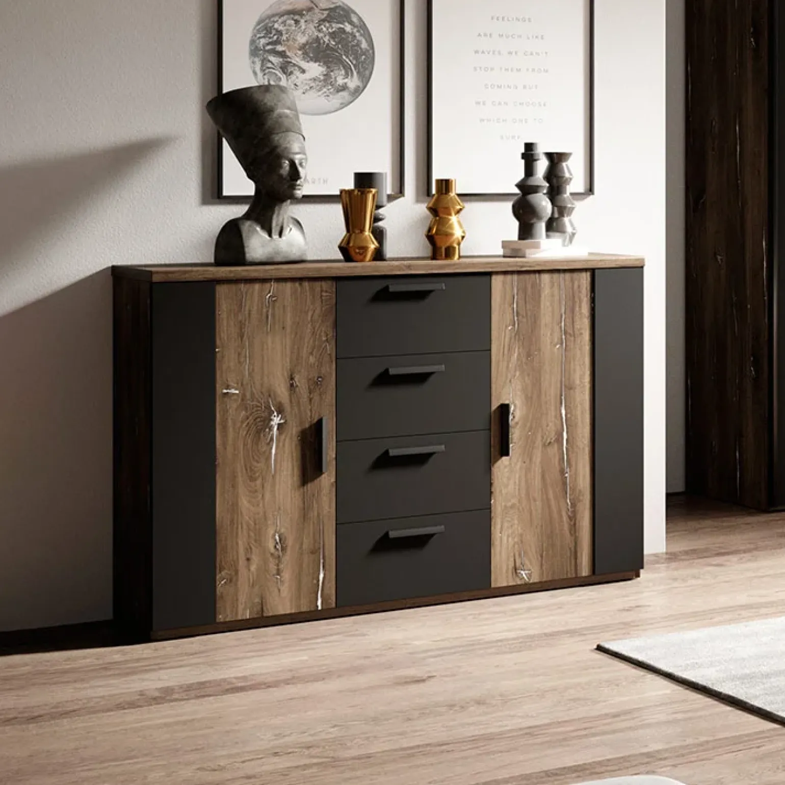 Comò moderno 132x94h cm con 4 cassetti e 2 ante rovere scuro nero Edric