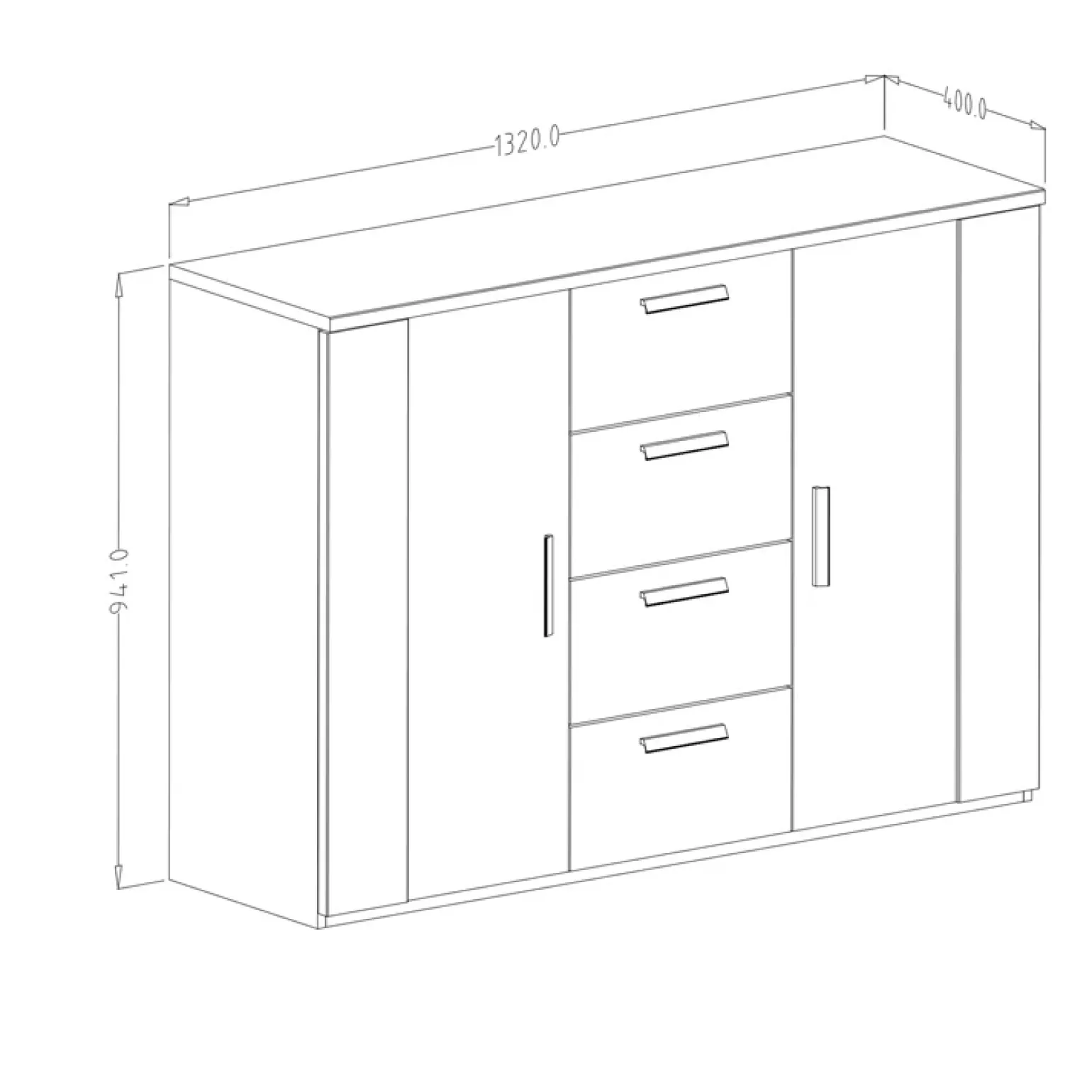 Comò moderno 132x94h cm con 4 cassetti e 2 ante rovere scuro nero Edric