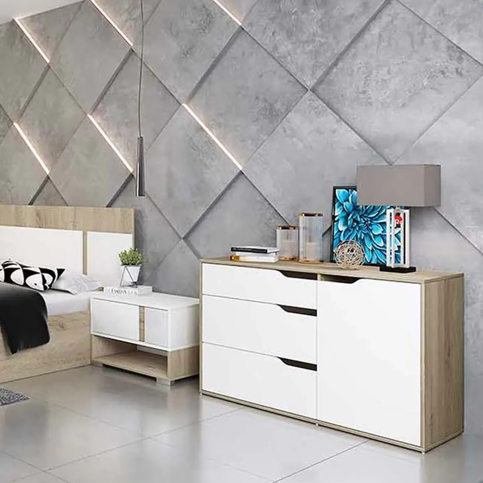 Comò 120x71h cm 1 anta 3 cassetti rovere sonoma bianco opaco Varsavia Riga