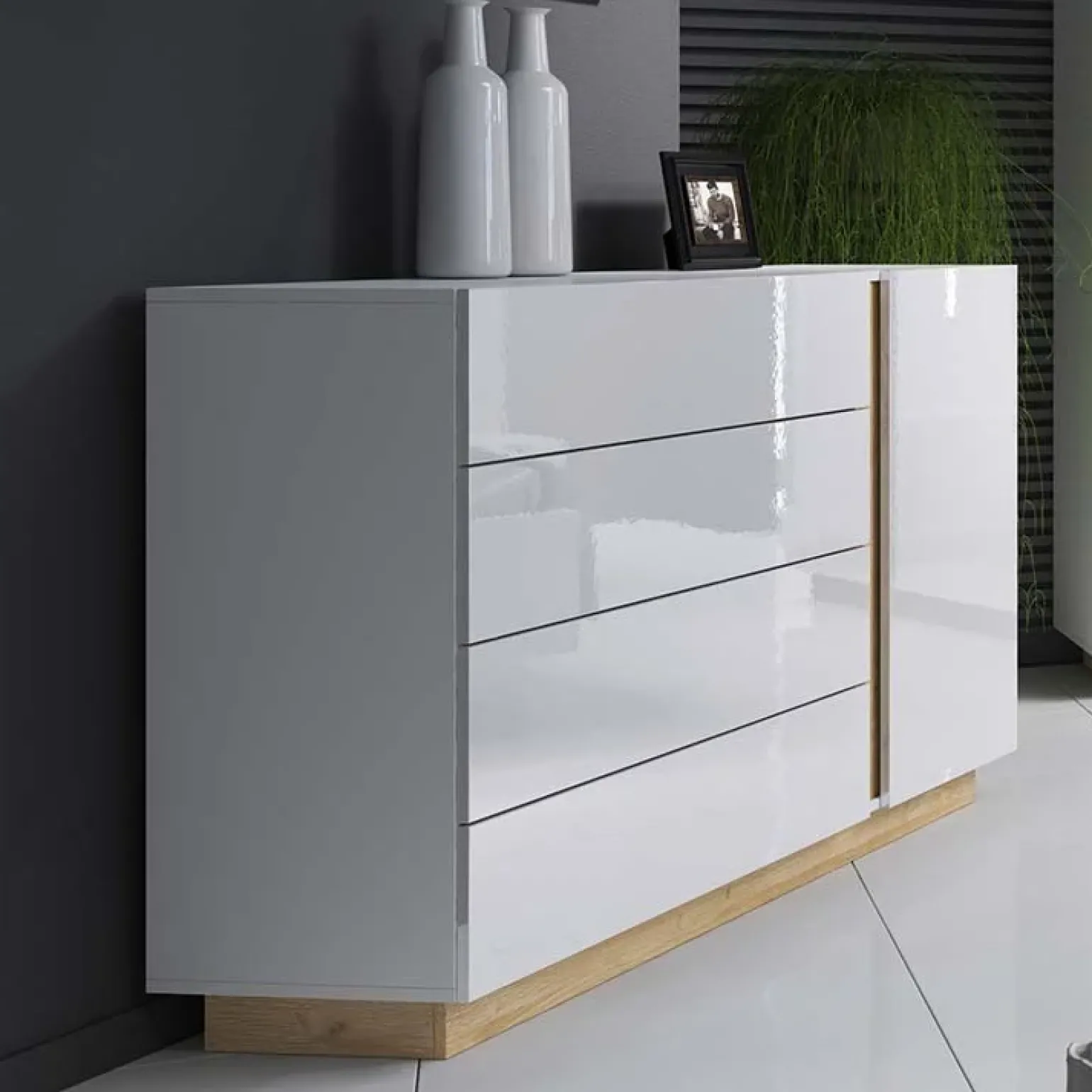 Comò 138x91h cm con cassetti moderno bianco lucido rovere Noa