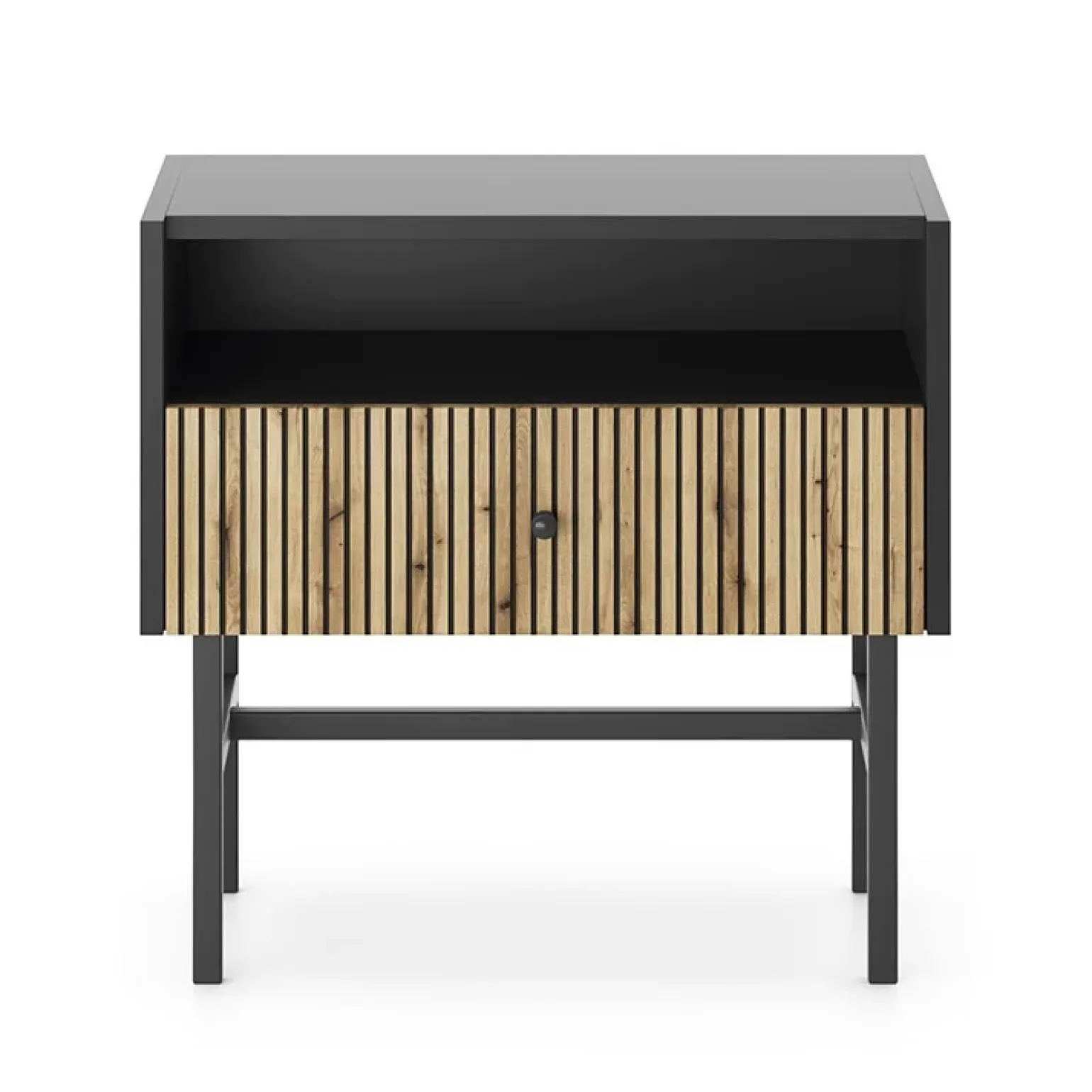 Comodino con 1 cassetto 55x52h cm moderno nero rovere cannettato Iulia