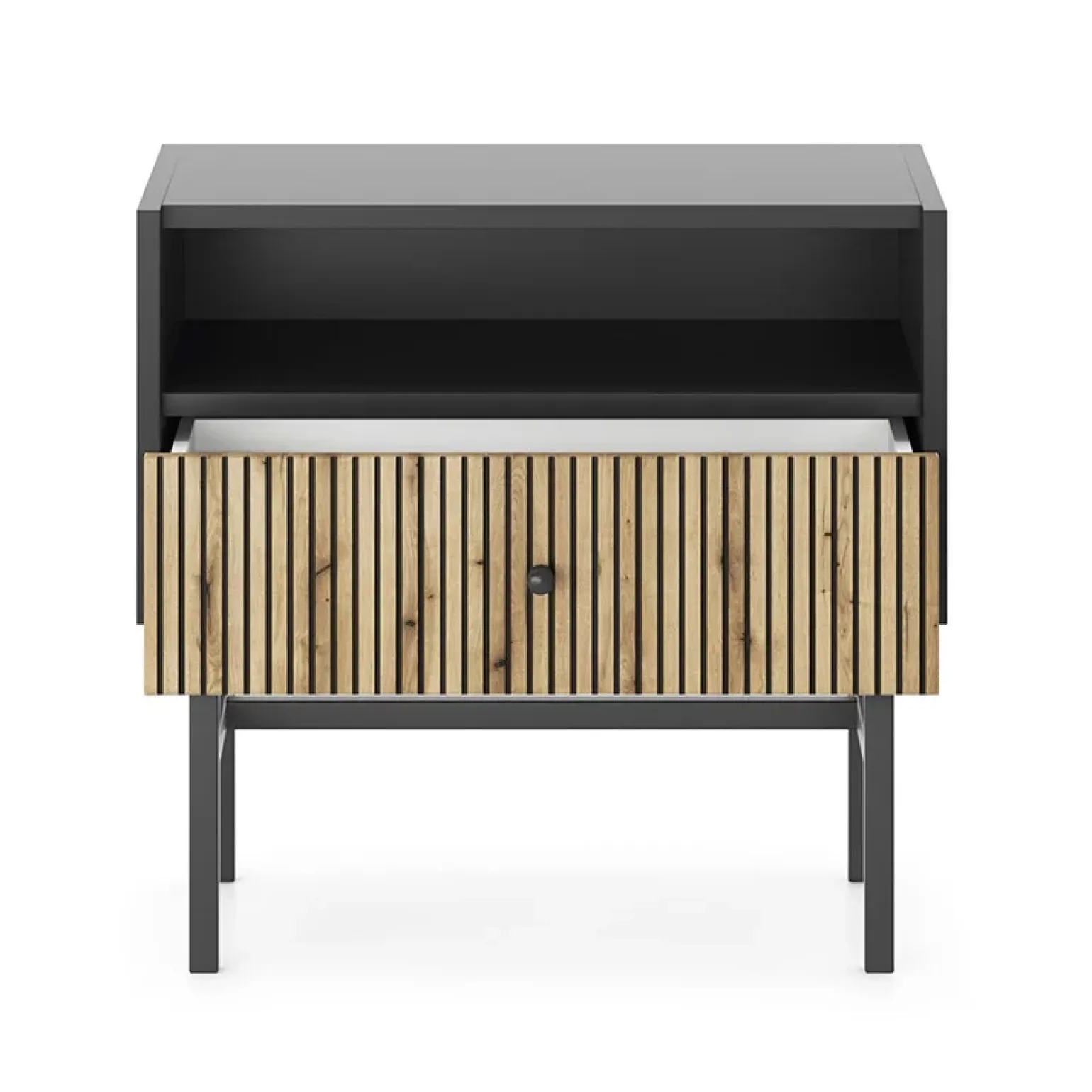 Comodino con 1 cassetto 55x52h cm moderno nero rovere cannettato Iulia