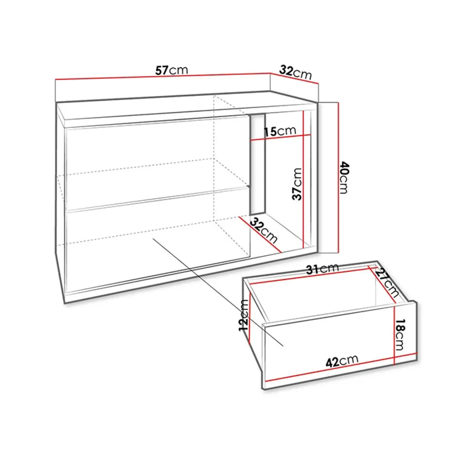 Comodino moderno 57x40h cm 2 cassetti con vano bianco Bird