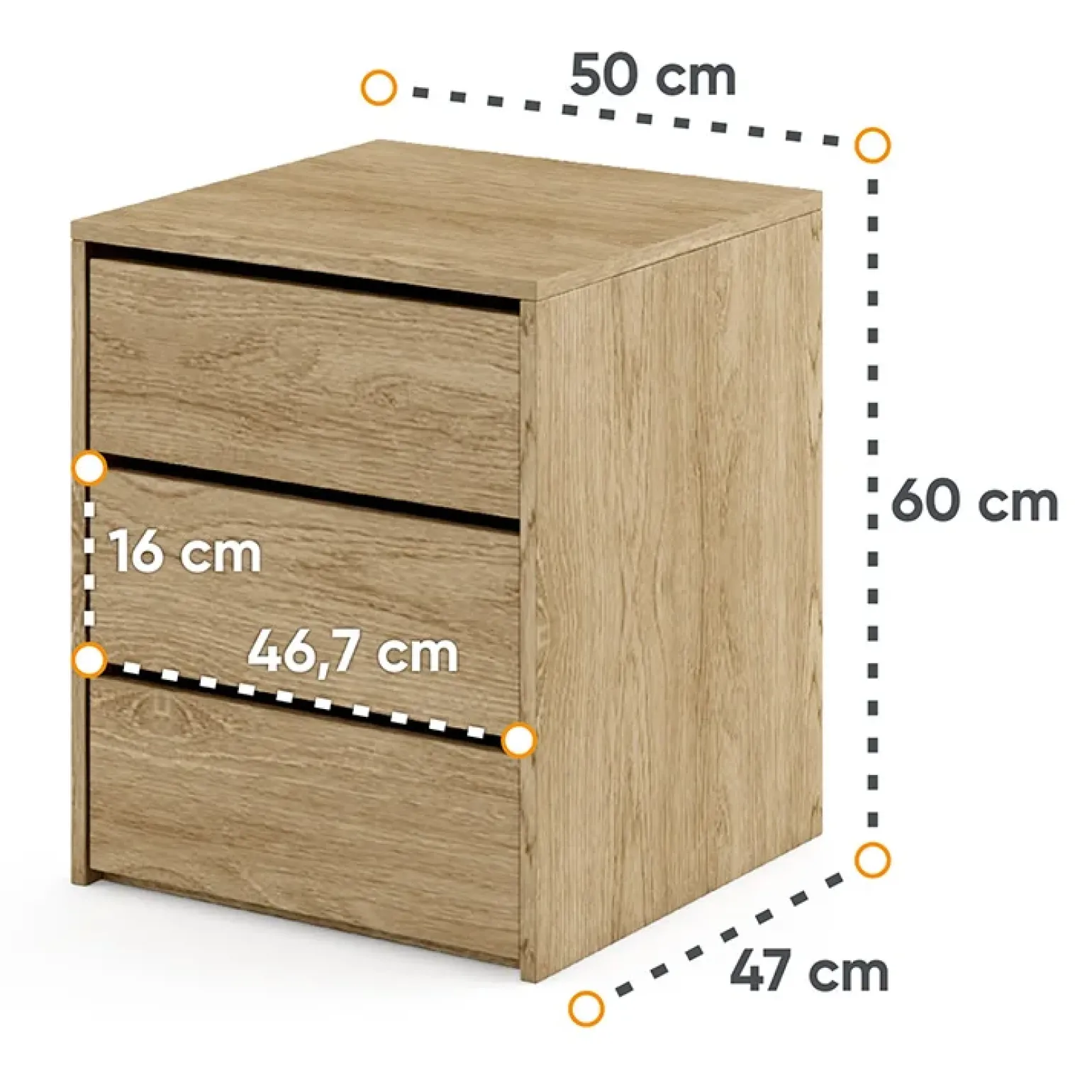 Comodino 50x60h cm 3 cassetti rovere Ombra