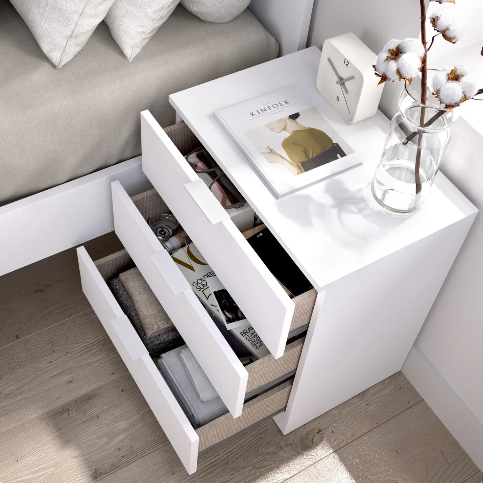 Comodino 50x58h cm 3 cassetti moderno bianco opaco Manuel