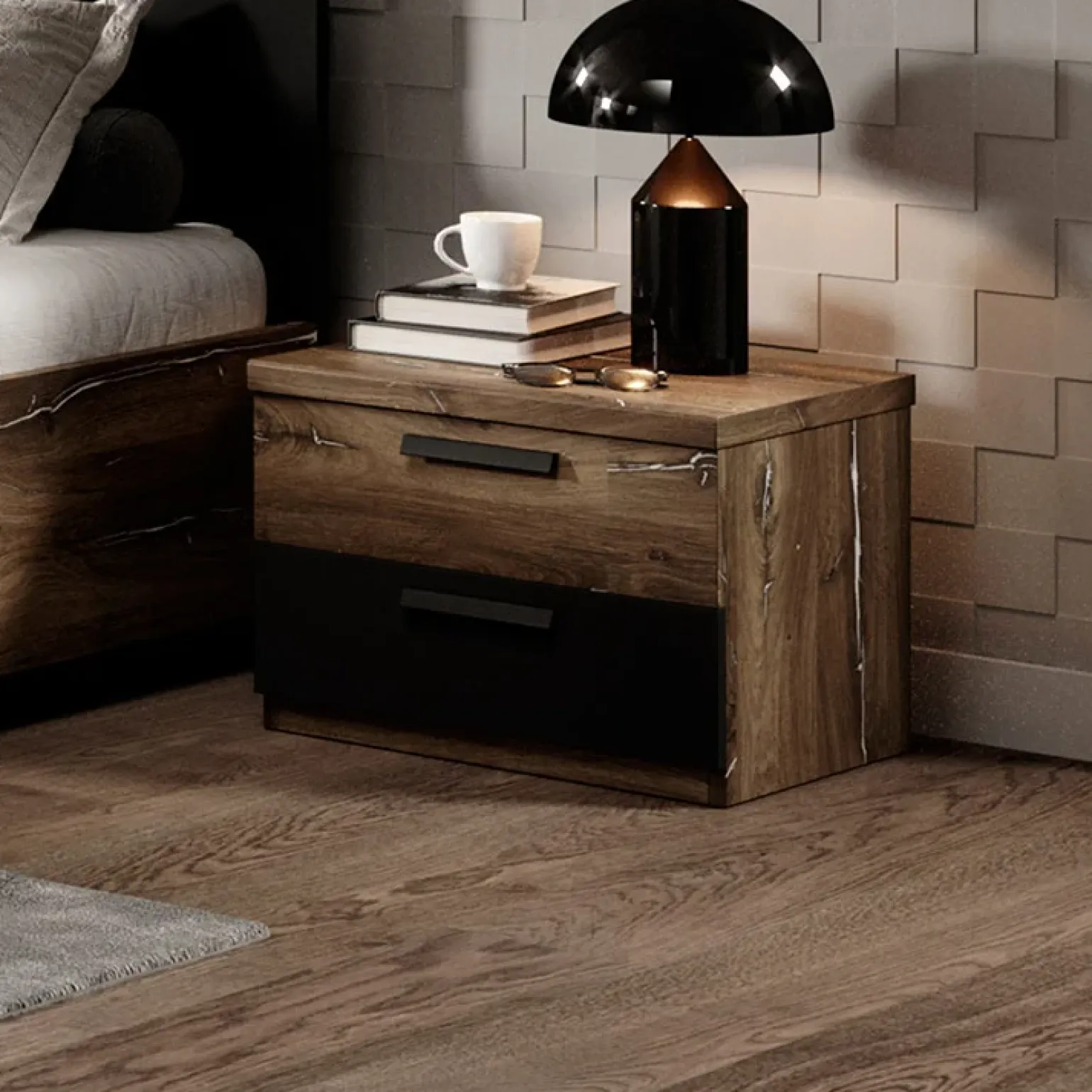 Comodino 46x37h cm 2 cassetti moderno rovere scuro nero Vulcano