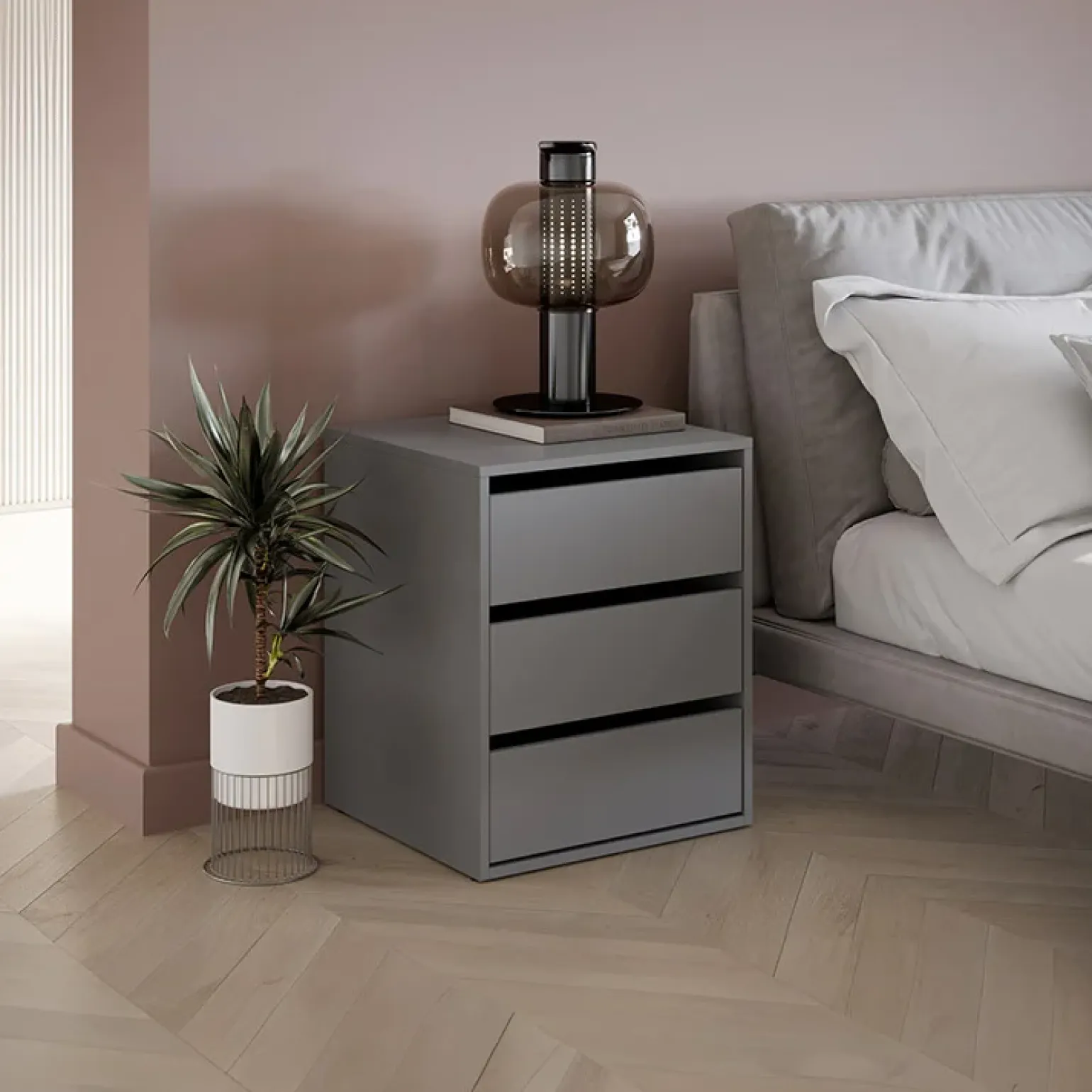 Comodino 50x60h cm 3 cassetti grigio Ombra