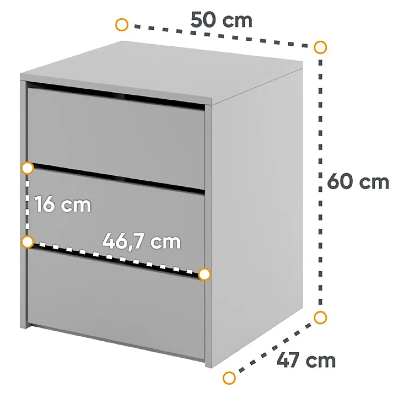 Comodino 50x60h cm 3 cassetti grigio Ombra