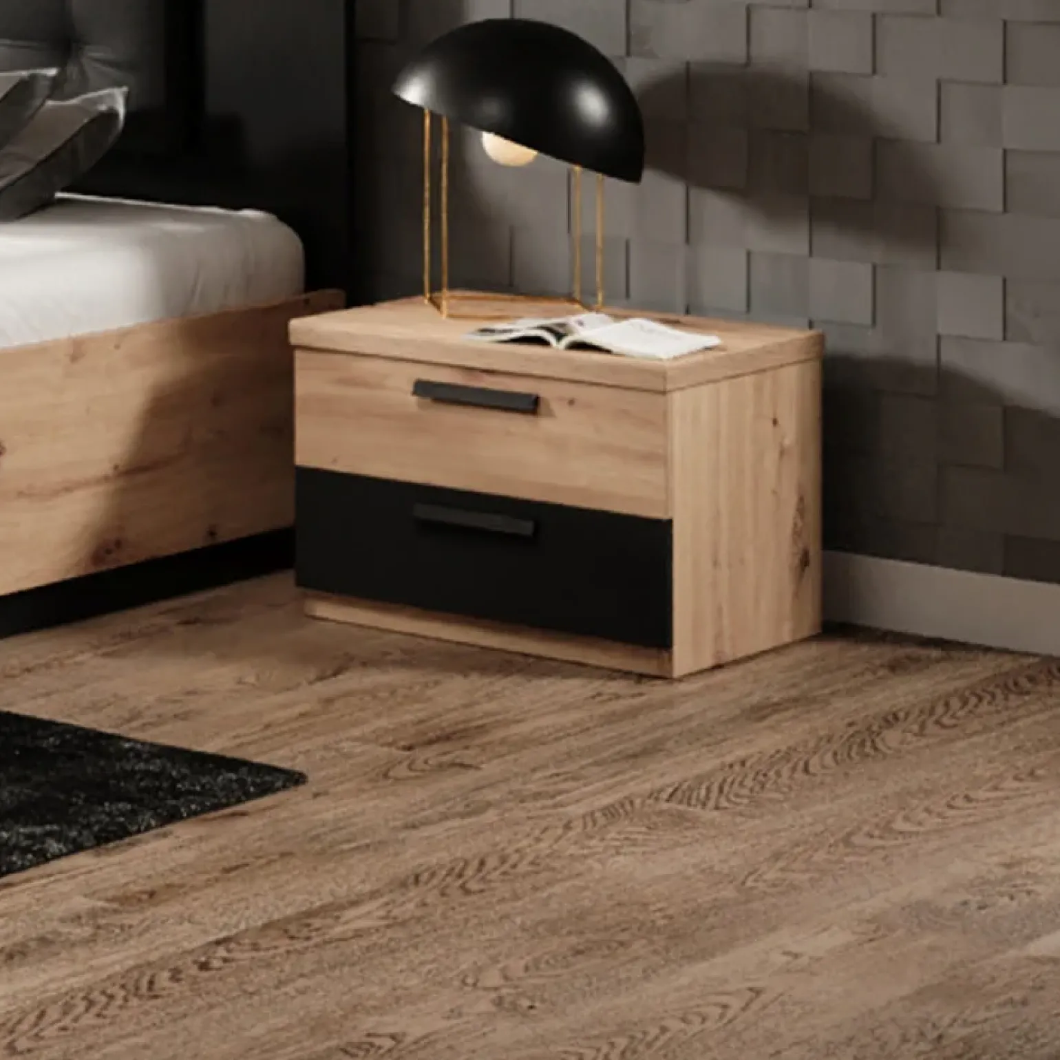 Comodino 46x36h cm 2 cassetti moderno rovere nero Vulcano