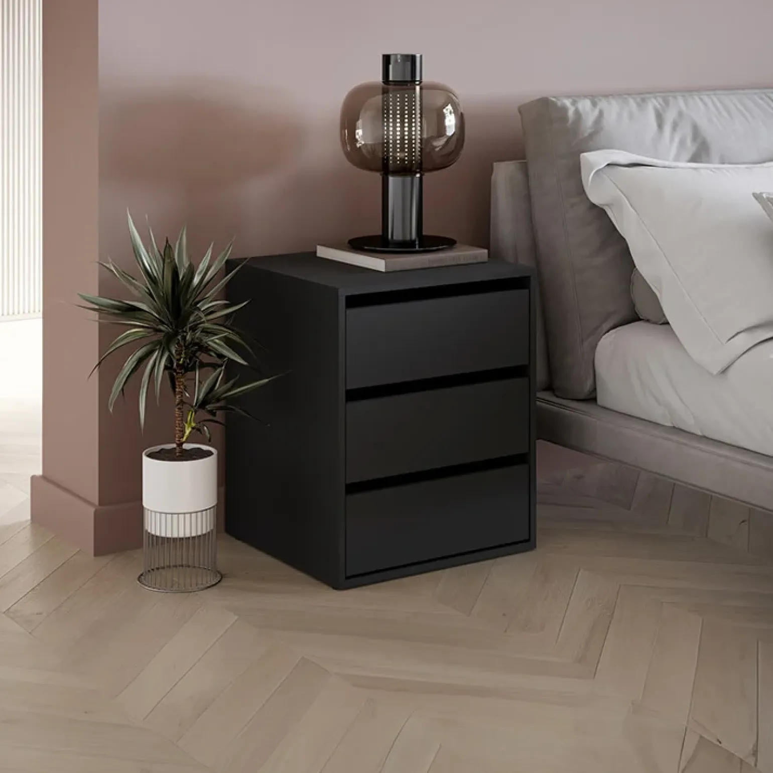 Comodino 50x60h cm 3 cassetti nero Ombra