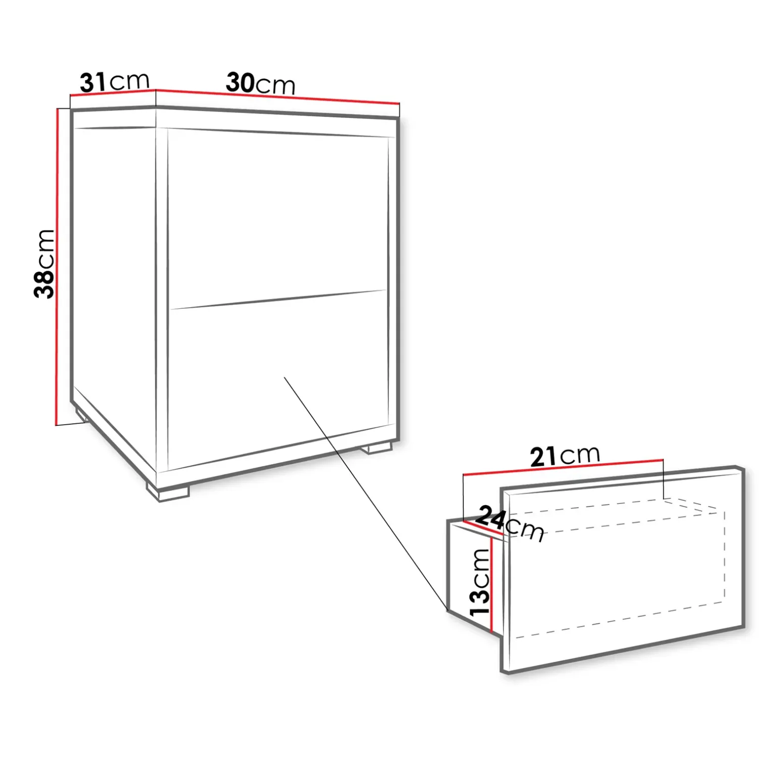 Comodino 30x38h cm 2 cassetti moderni bianco Eindhoven