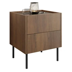 Comodino 40x50h cm 2 cassetti moderno piano effetto marmo nero noce Caliva