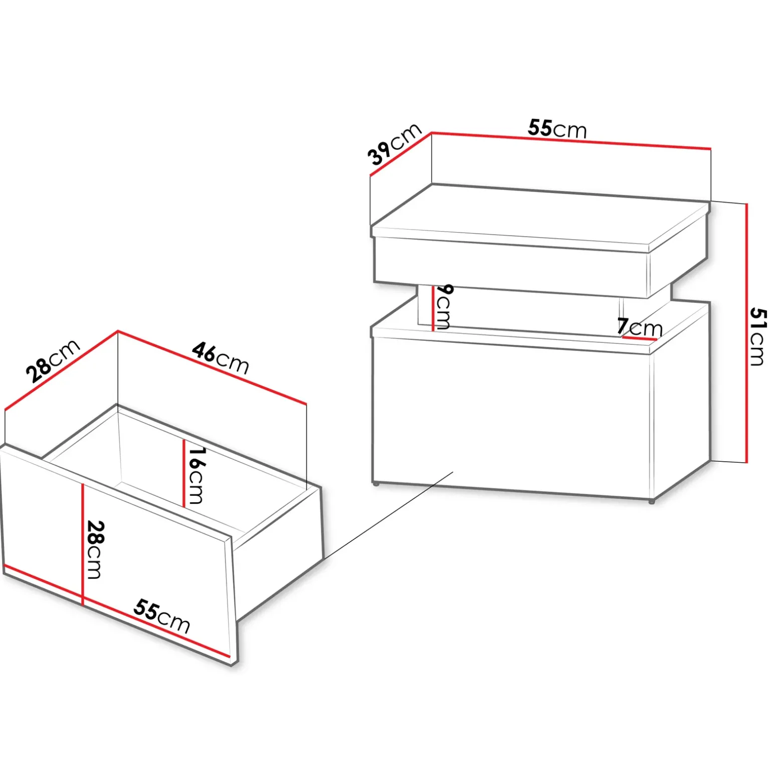 Comodino 55x51h cm 1 cassetto con LED bianco Lumus
