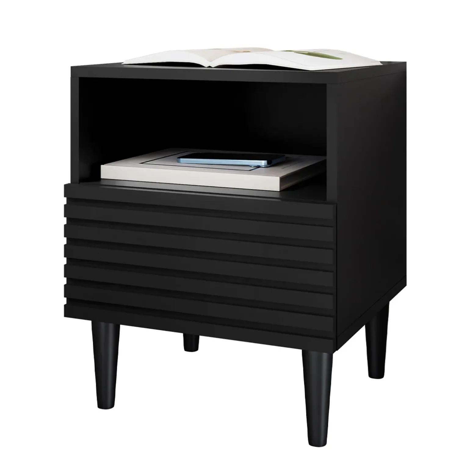Comodino 42x53h cm design cannettato moderno nero Flippo