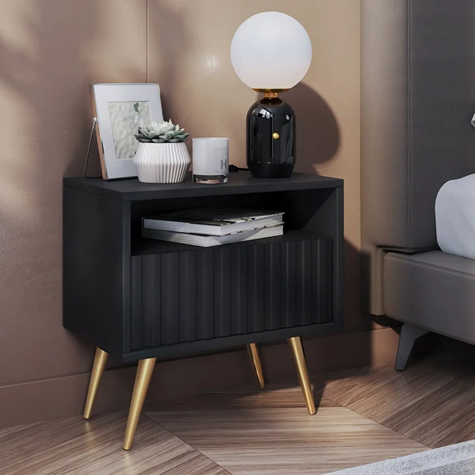 Comodino 47x48h cm moderno cannettato nero Celestia