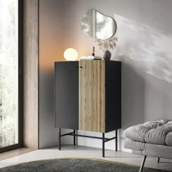 Credenza alta 94x132h cm 2 ante moderna nero rovere cannettato Eterna