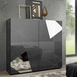 Credenza alta 120x109h cm 2 ante grigio lucido specchio con serigrafia Olimpo