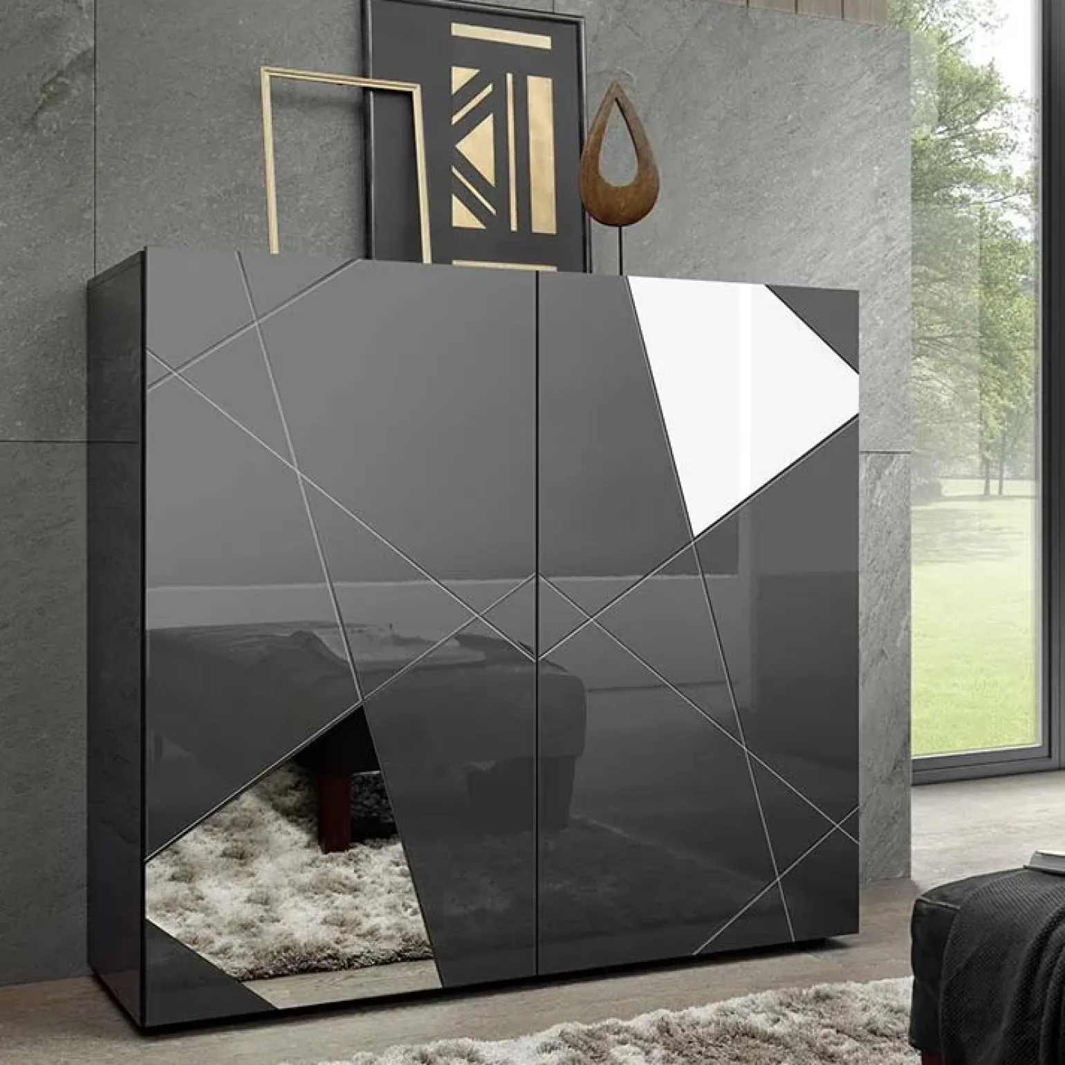 Credenza alta 120x109h cm 2 ante grigio lucido specchio con serigrafia Olimpo