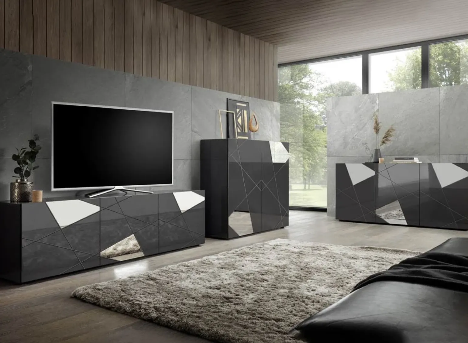 Credenza alta 120x109h cm 2 ante grigio lucido specchio con serigrafia Olimpo