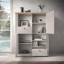 Credenza alta 118x160h cm 2 ante 3 vani 2 cassetti rovere bianco frassinato Doria
