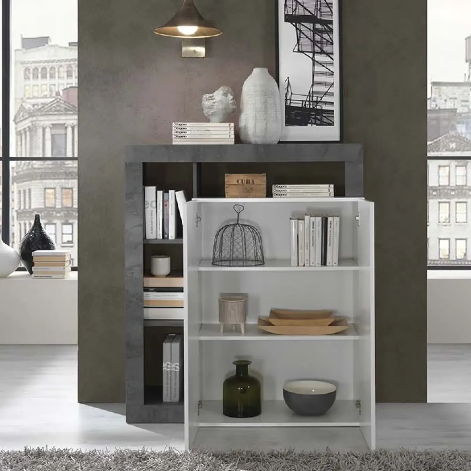 Credenza alta 108x126h cm 2 ante soggiorno bianco lucido ossido Invictus