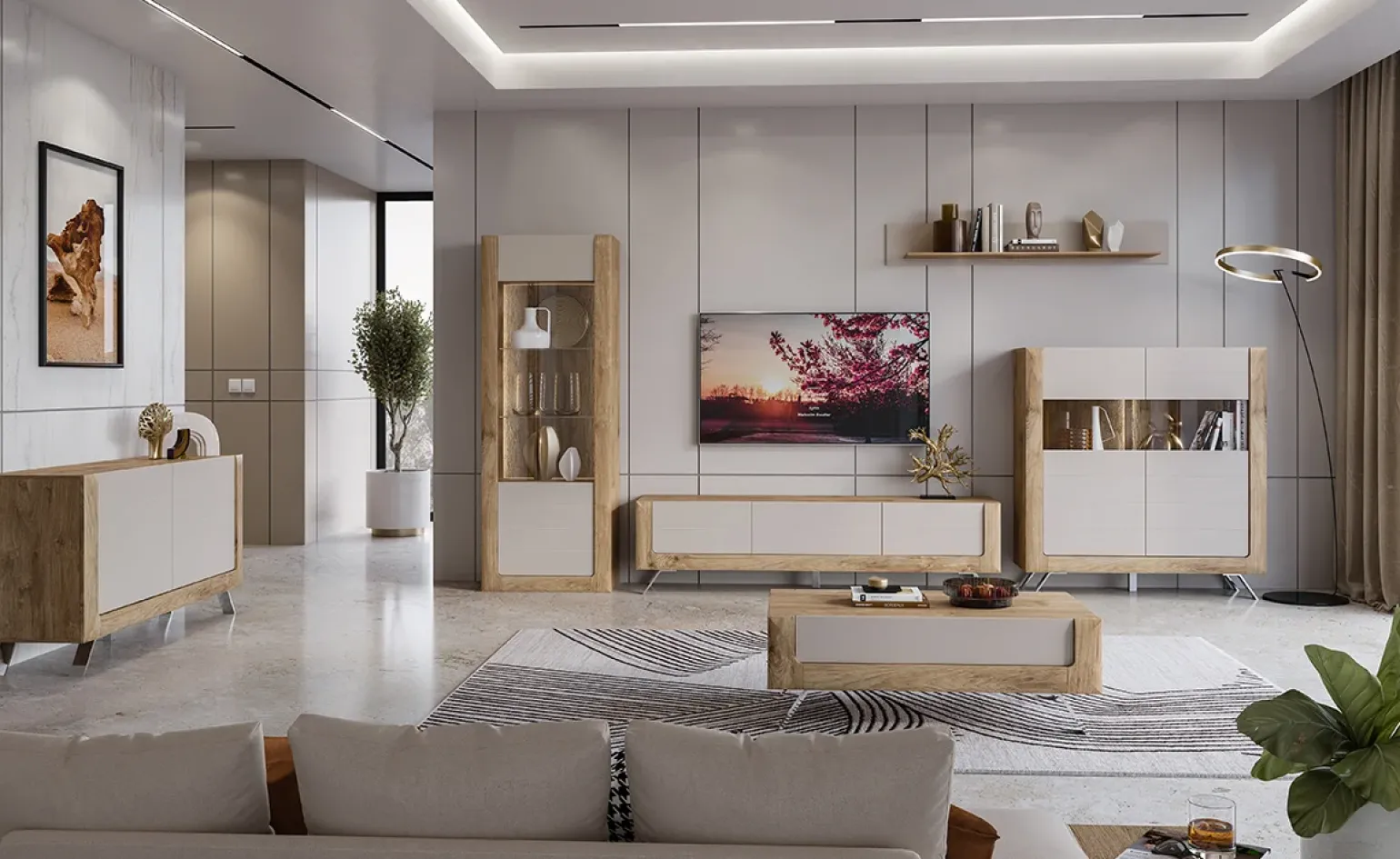 Credenza alta 129x137h cm 2 ante rovere tortora lucido Jumbo