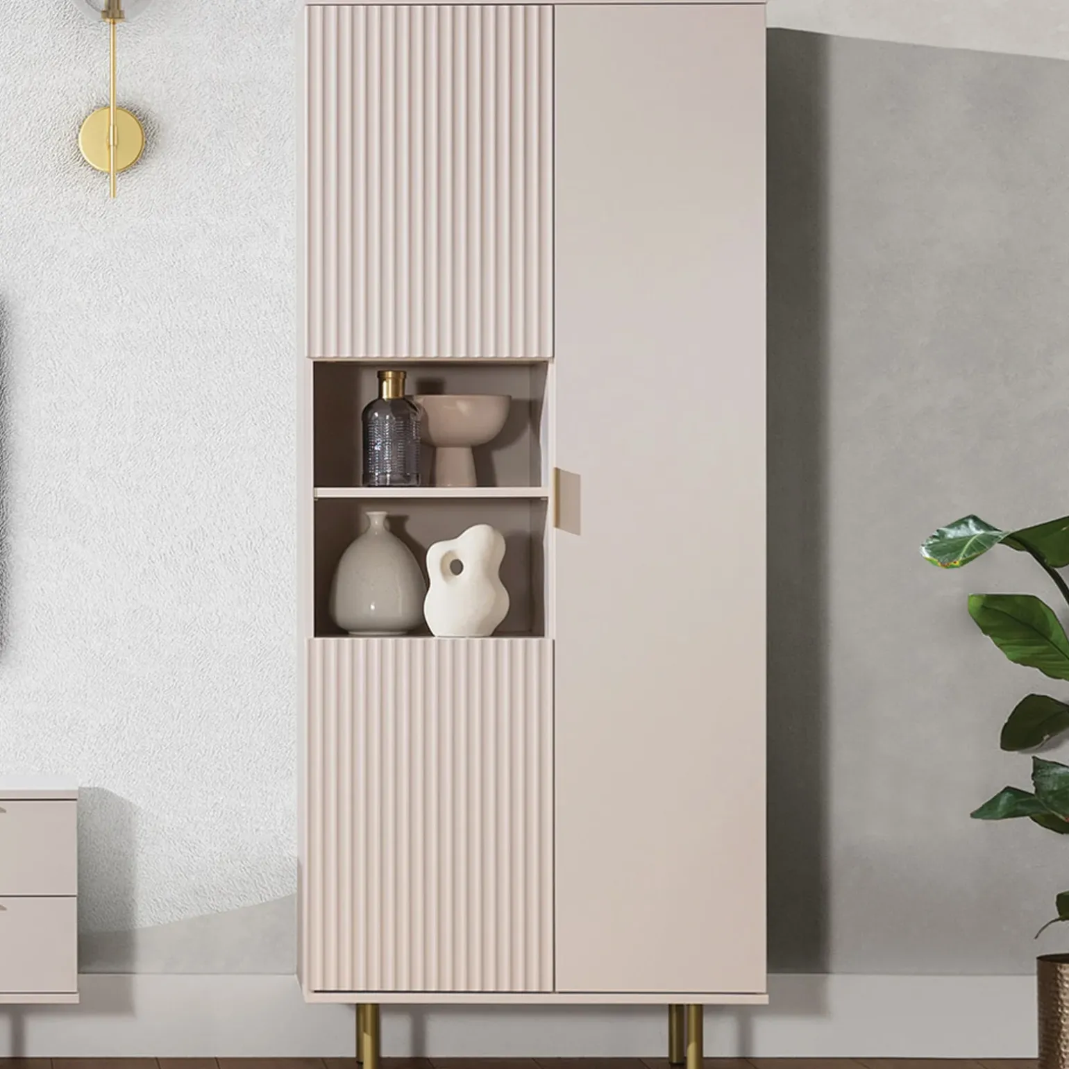 Credenza alta 80x190h cm 3 ante cannettato moderna beige Vanessa