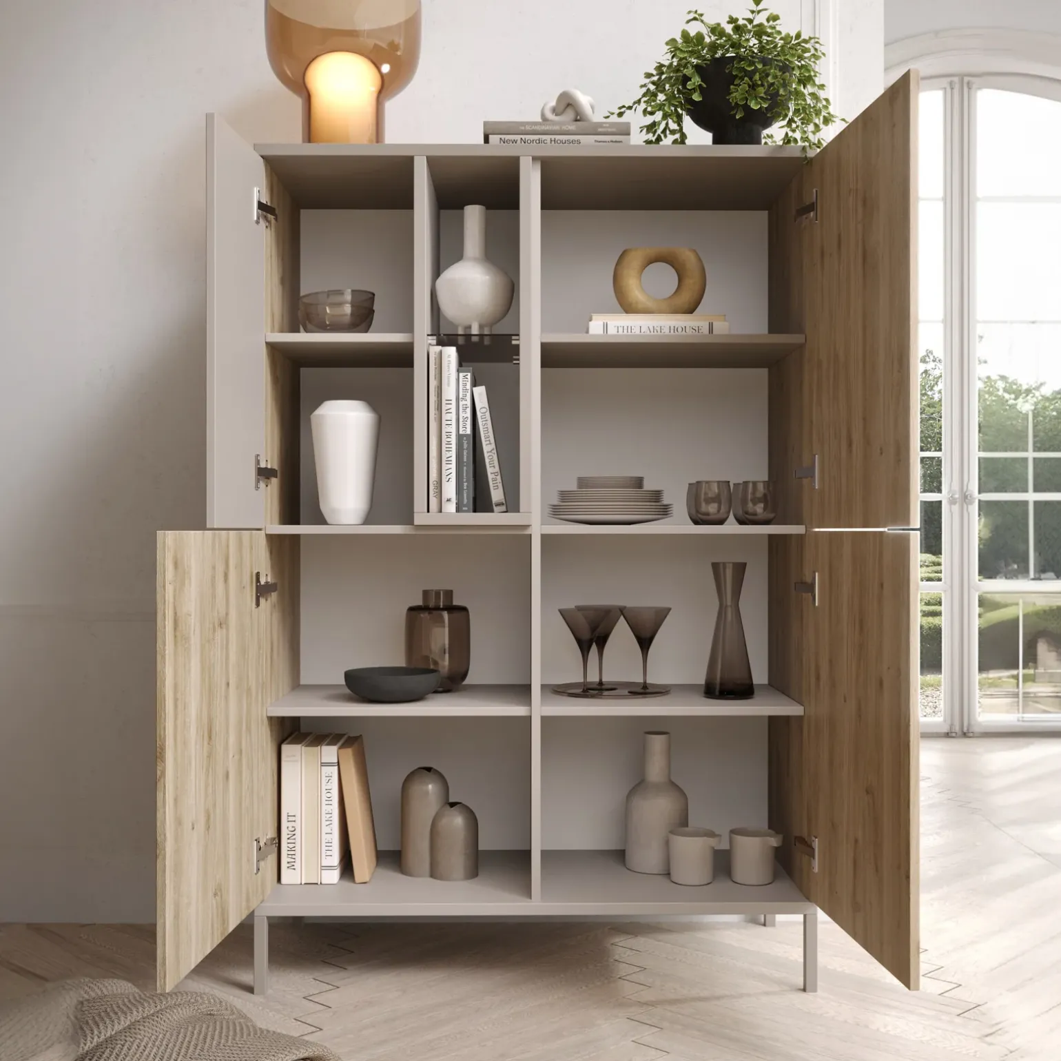 Credenza alta 101x152h cm 4 ante 2 vani rovere chiaro beige Tony