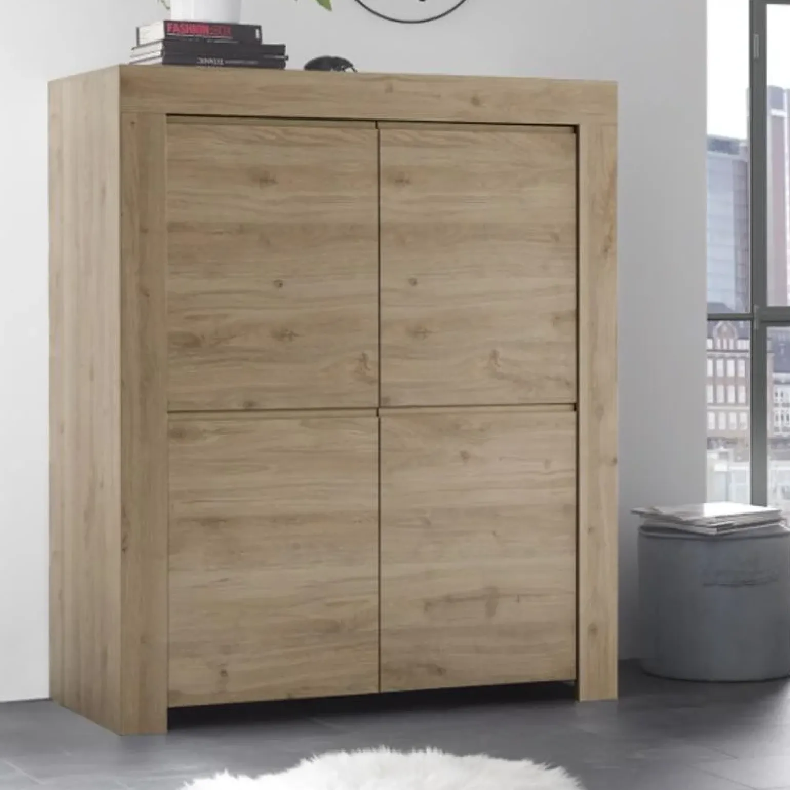 Credenza alta 110x140h cm 4 ante moderna rovere chiaro Halston