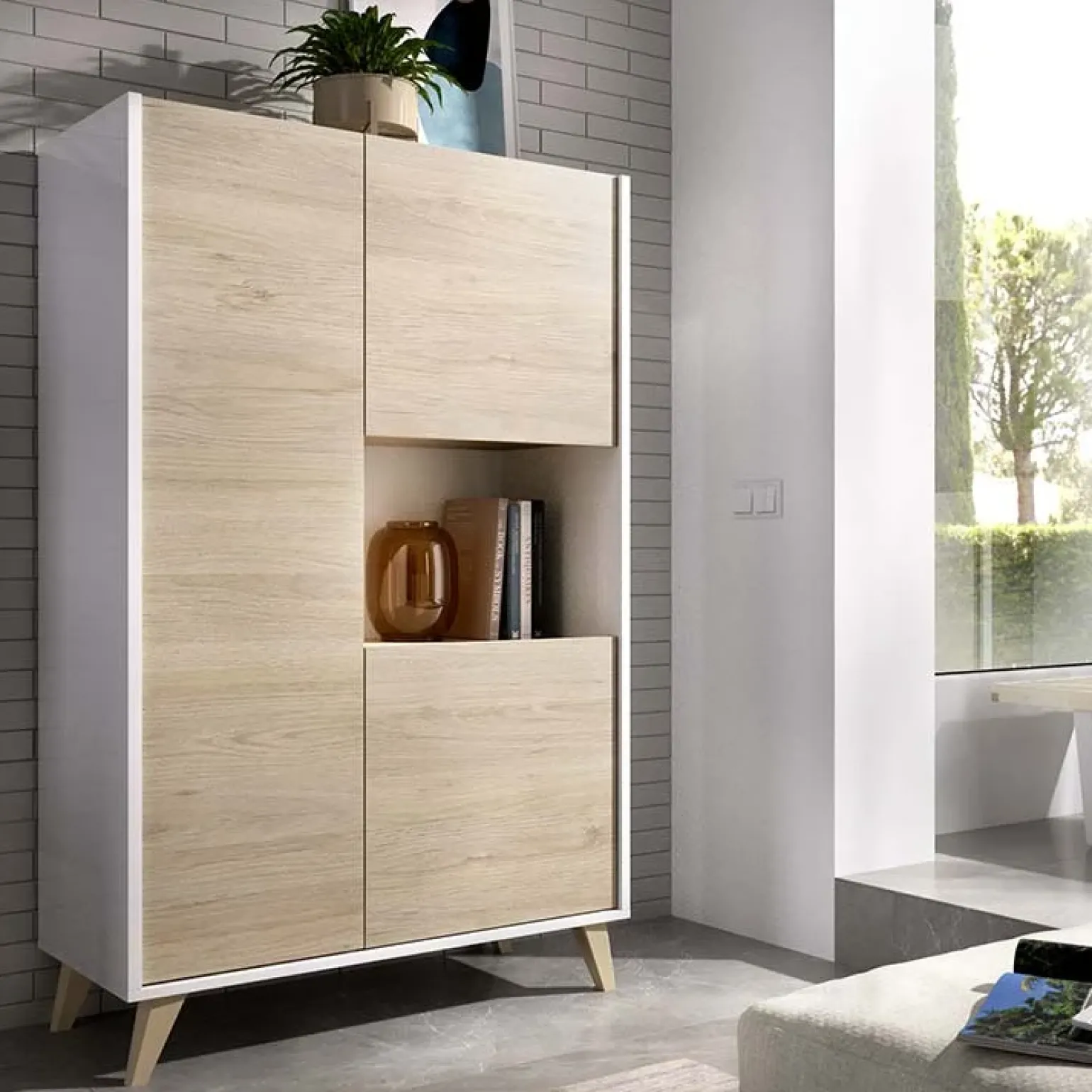 Credenza alta 81x135h cm 3 ante moderna rovere bianco Elmer