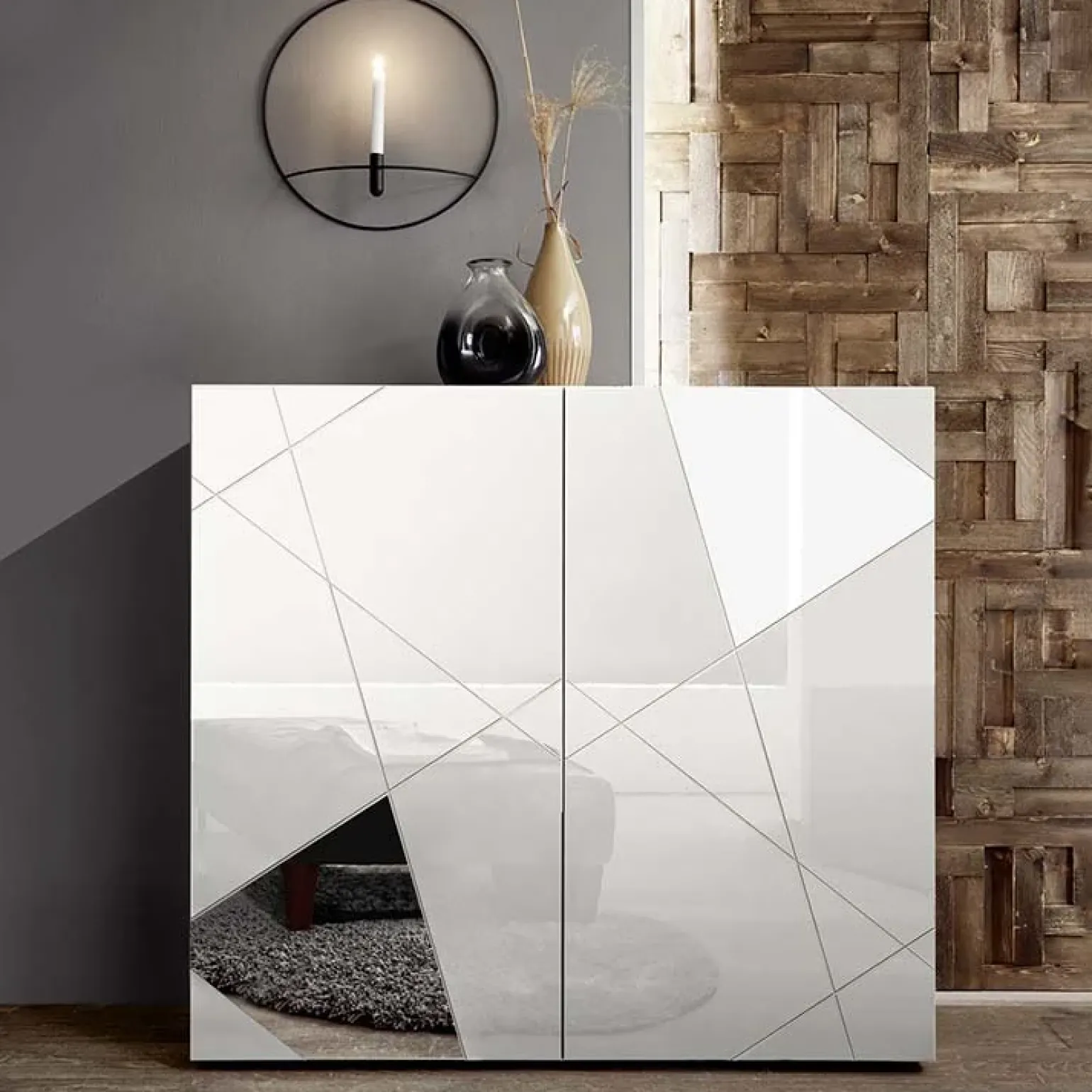 Credenza alta 121x111h cm 2 ante bianco lucido specchio con serigrafia Olimpo