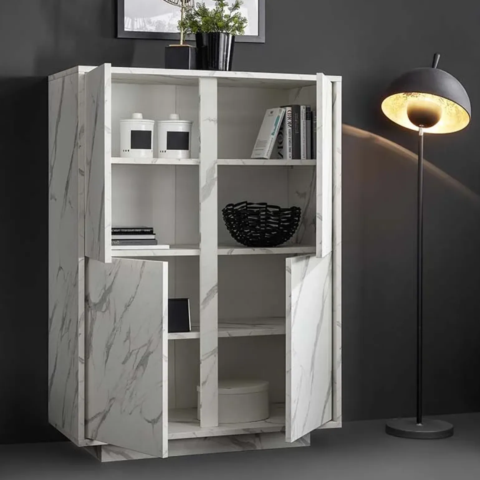 Credenza alta 92x145h cm 4 ante effetto marmo bianco Viking
