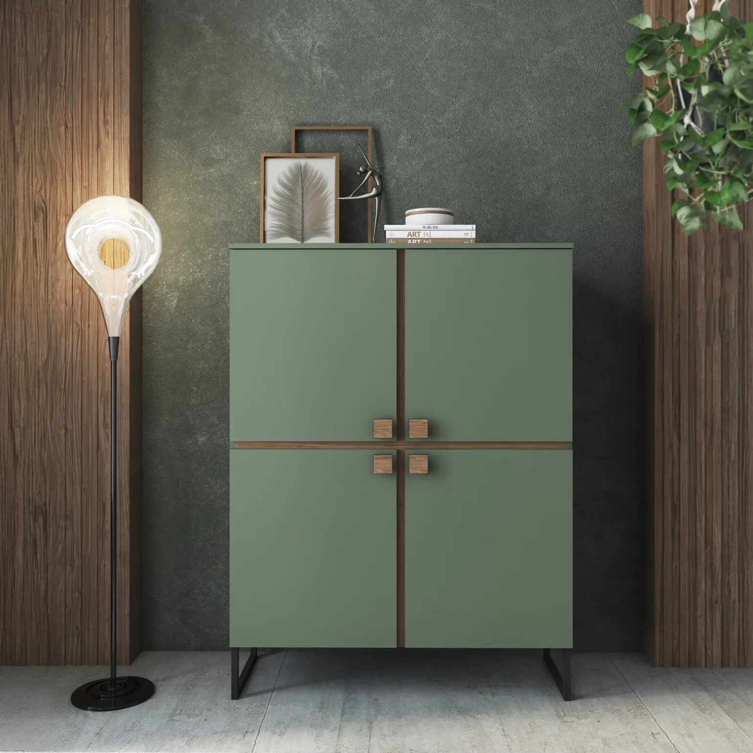 Credenza alta 108x144h cm 4 ante verde salvia scuro rovere Selvia