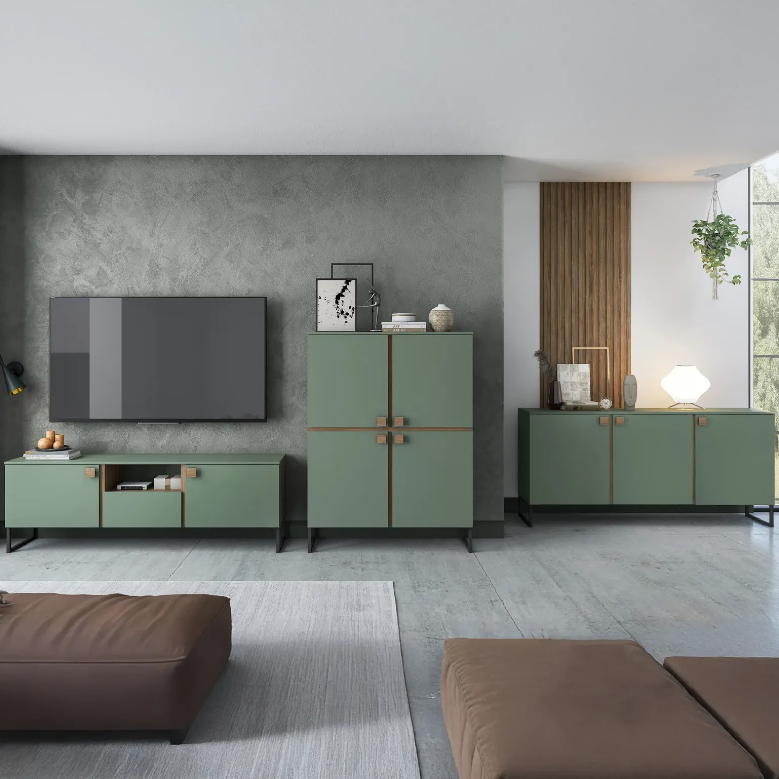 Credenza alta 108x144h cm 4 ante verde salvia scuro rovere Selvia