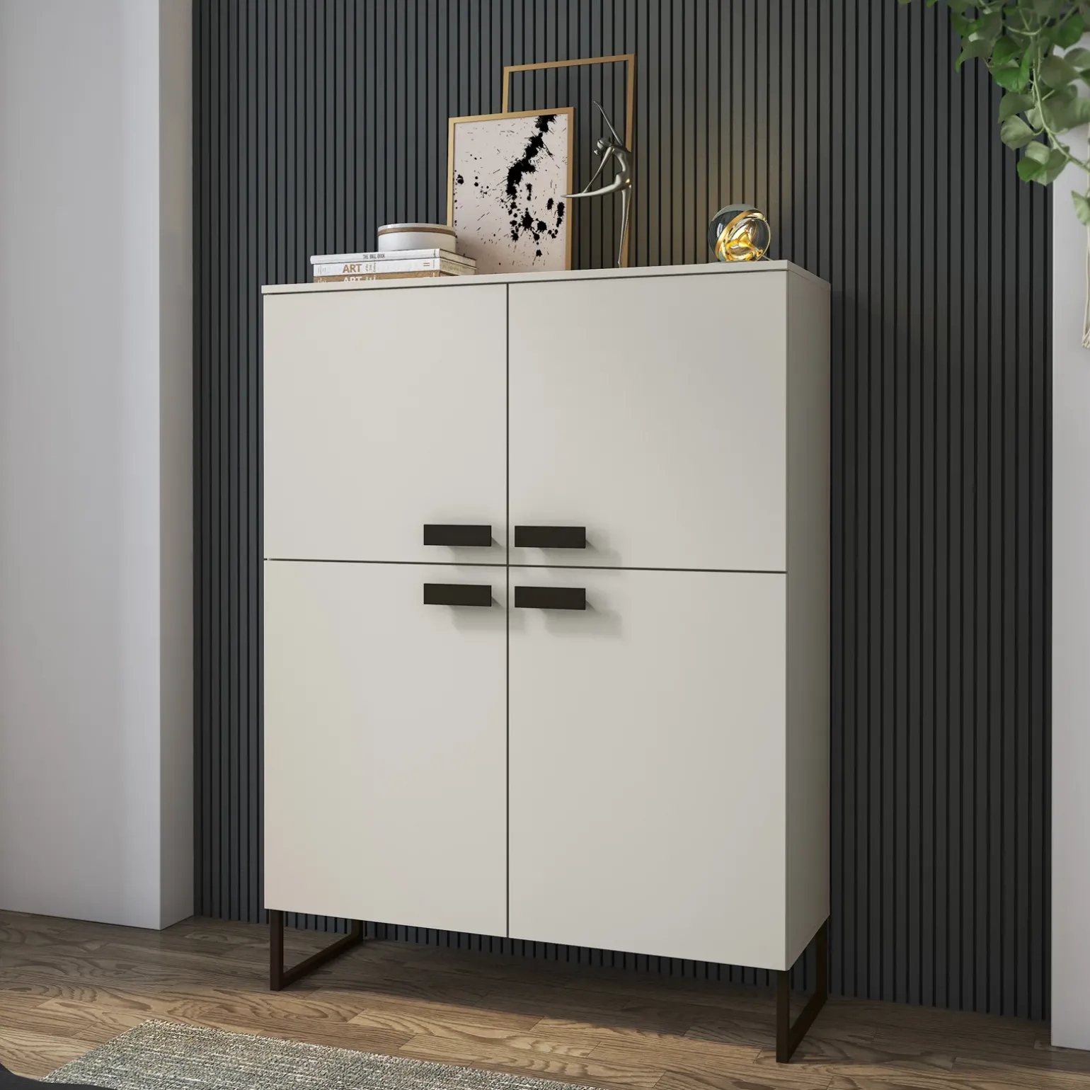 Credenza alta 108x144h cm 4 ante moderna beige cashmere nero Casmira